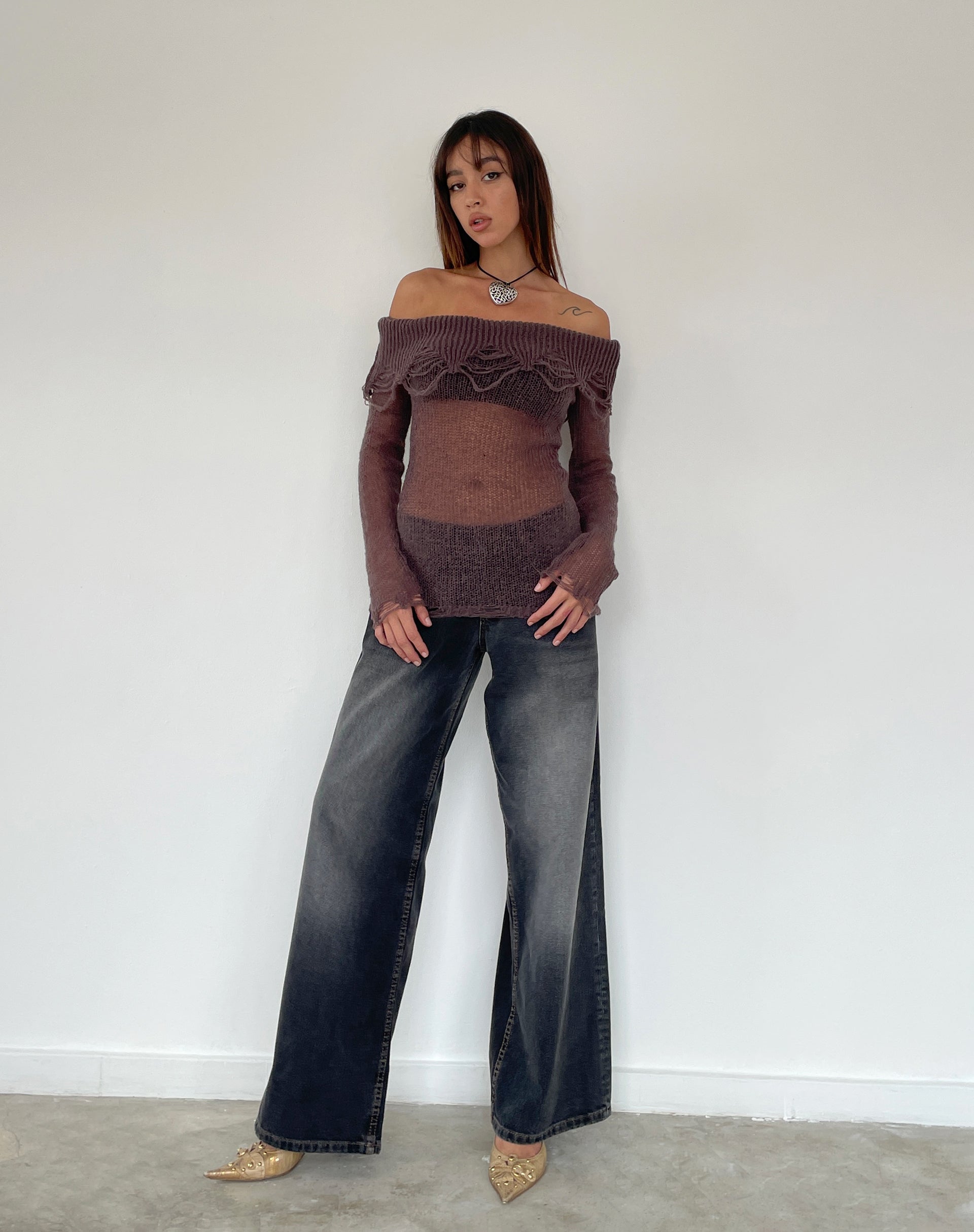 Milena Distress Knit Long Sleeve Bardot Top in Maroon-Nico Sky