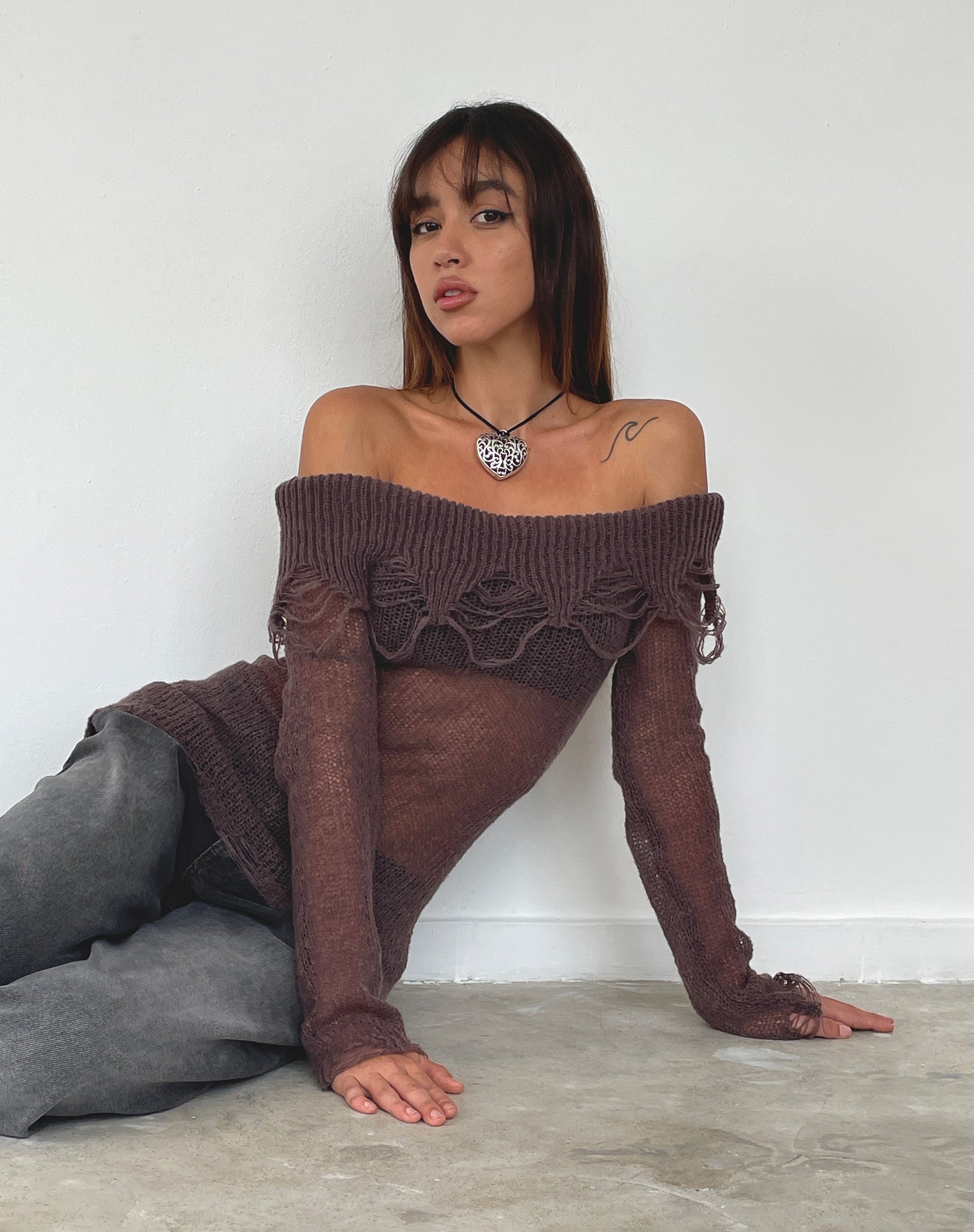 Milena Distress Knit Long Sleeve Bardot Top in Maroon-Nico Sky