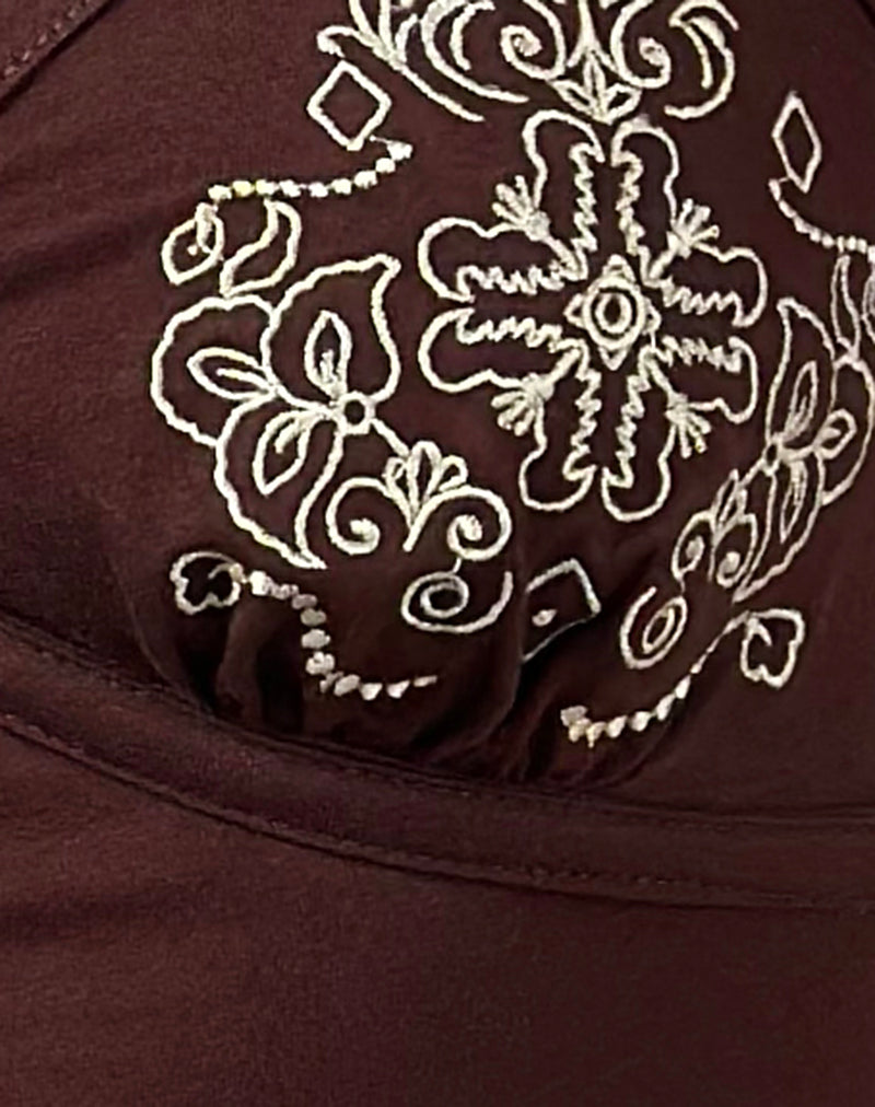 Mione Top in Bitter Chocolate with Floral Embroidery-Nico Sky