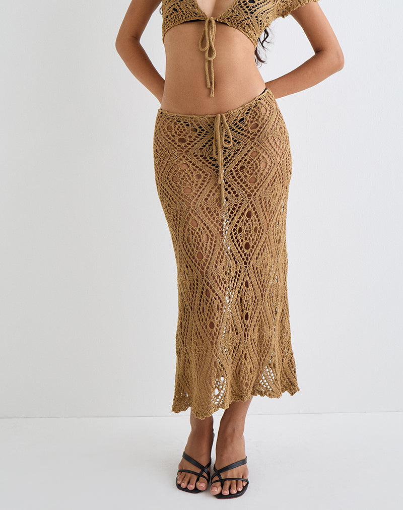 Diora Tie Front Skirt in Crochet Camel-Nico Sky