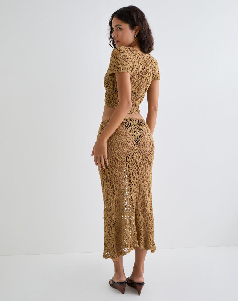 Diora Tie Front Skirt in Crochet Camel-Nico Sky