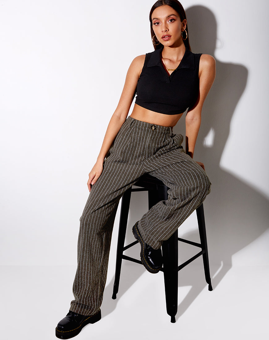 Misha Wide Leg Trouser in Pinstripe Charcoal-Nico Sky