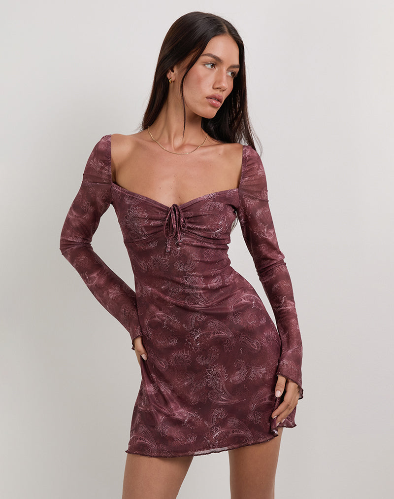 Modena Long Sleeve Mini Dress in Tonal Paisley Plum-Nico Sky