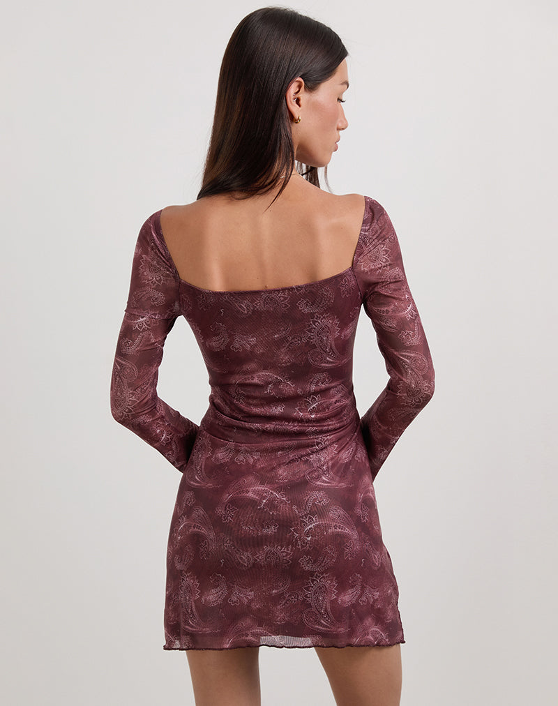 Modena Long Sleeve Mini Dress in Tonal Paisley Plum-Nico Sky