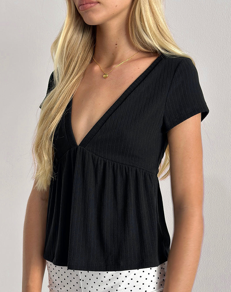 Monia Plunge Top in Pointelle Black-Nico Sky
