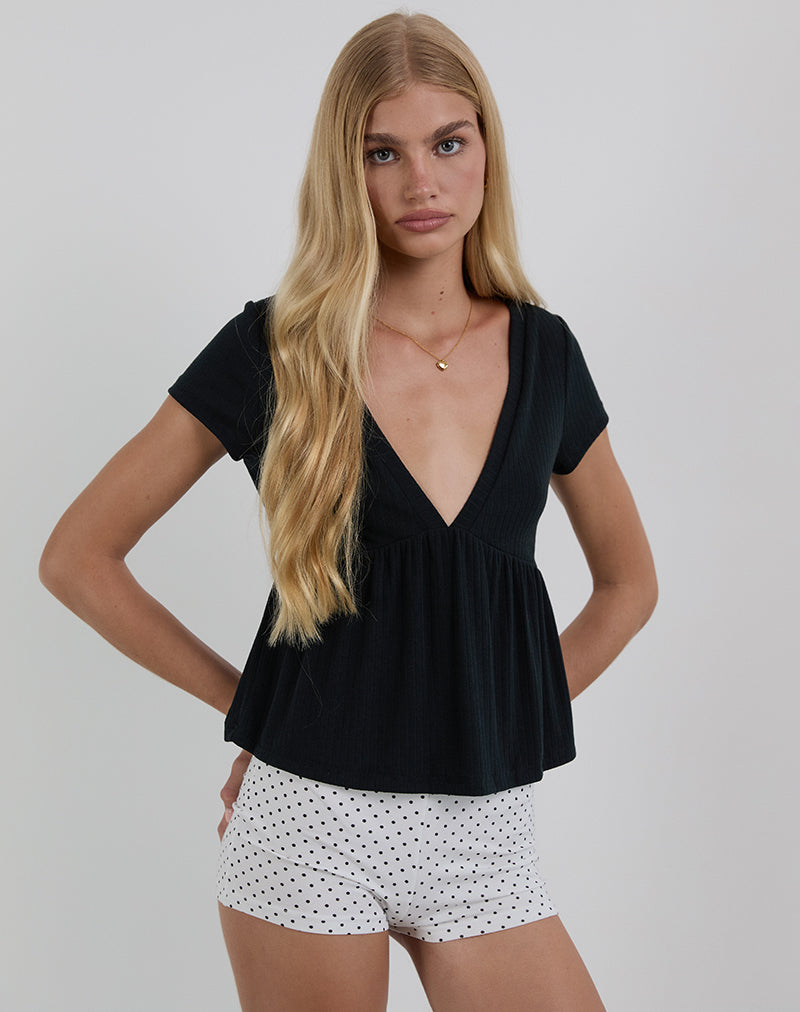 Monia Plunge Top in Pointelle Black-Nico Sky