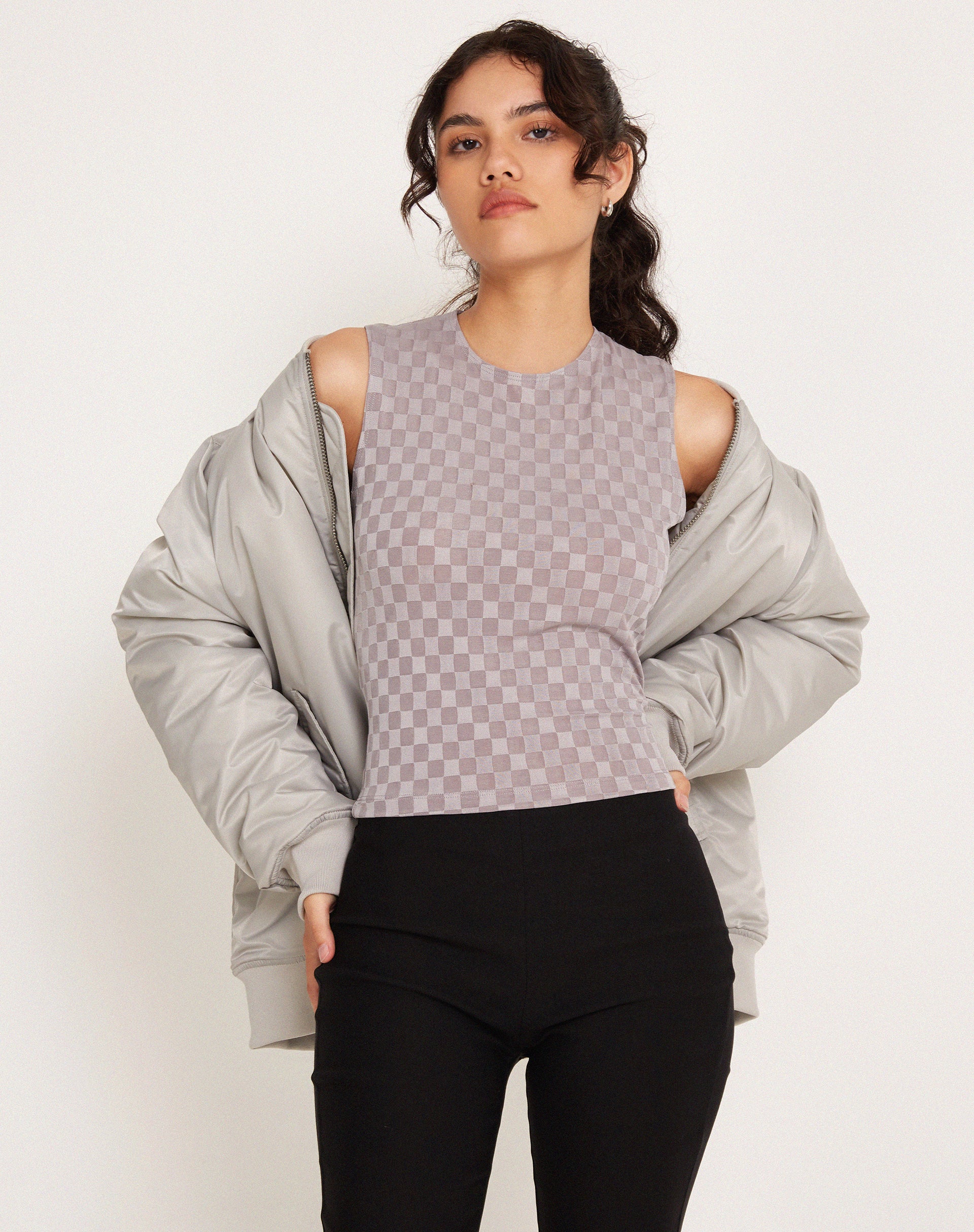 Monlo Vest Top in Check Grey-Nico Sky