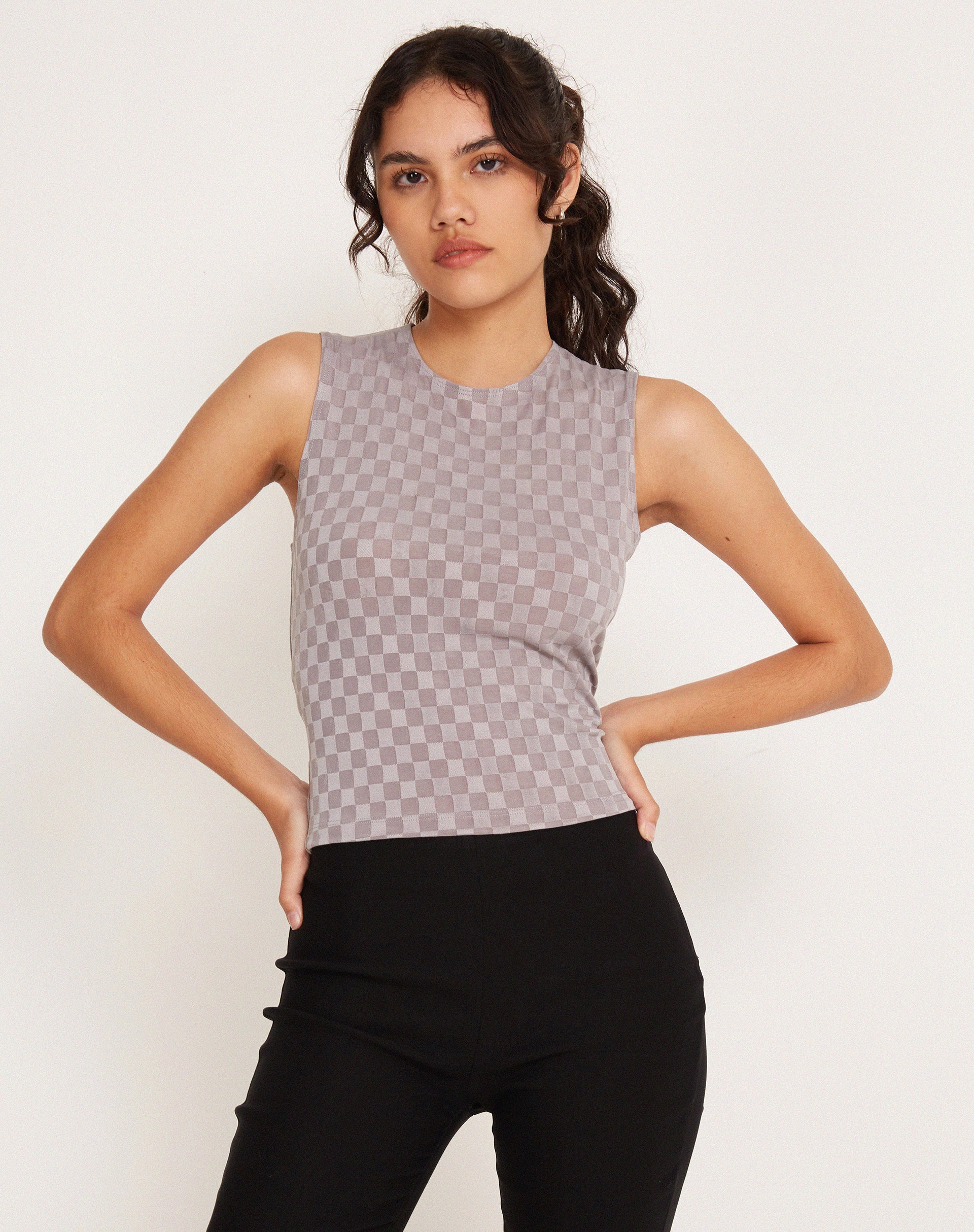 Monlo Vest Top in Check Grey-Nico Sky