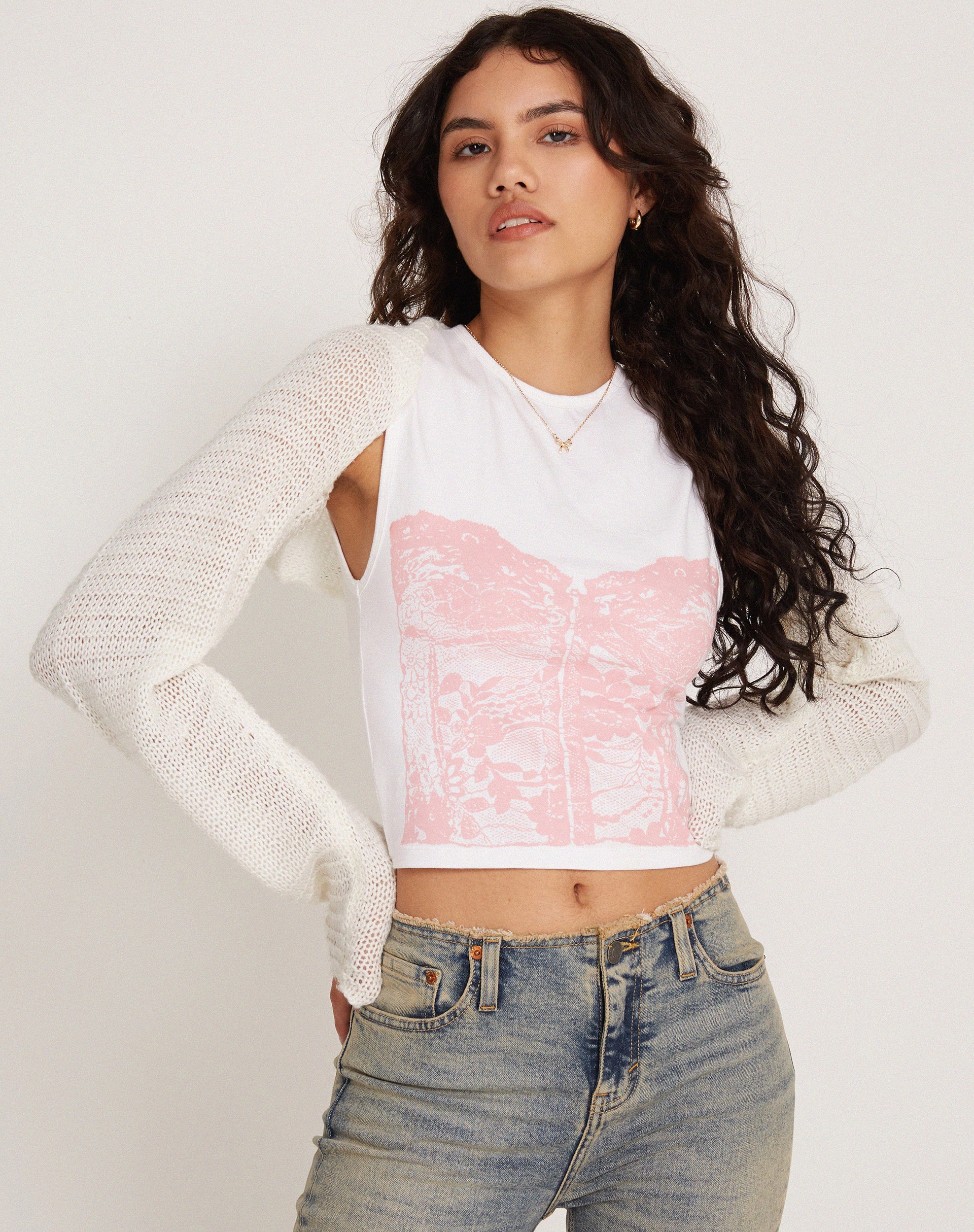 Monlo Vest Top in White Pink Corset Print-Nico Sky