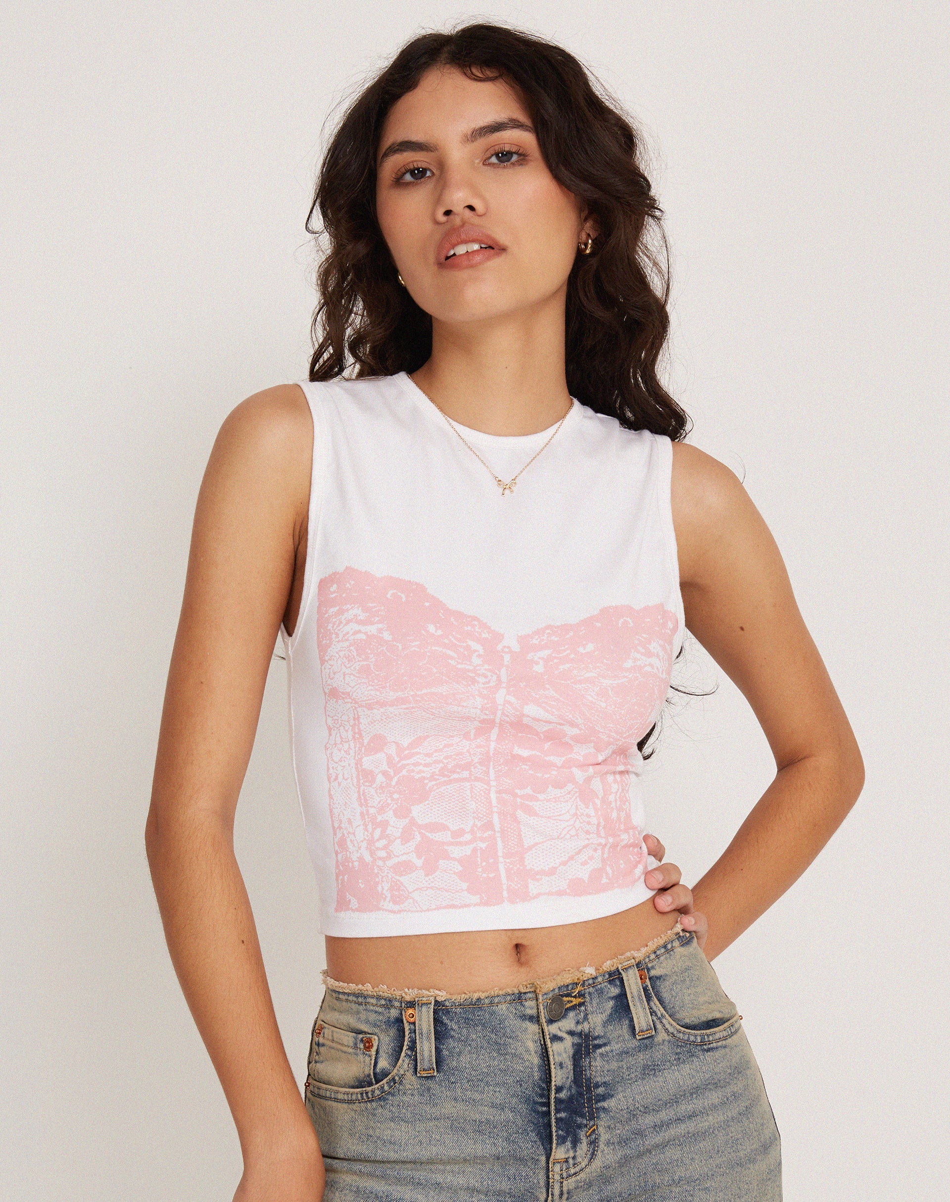 Monlo Vest Top in White Pink Corset Print-Nico Sky