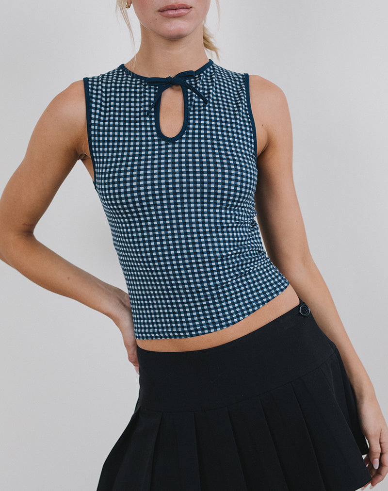Monsela Top in Mini Gingham Dark Blue-Nico Sky