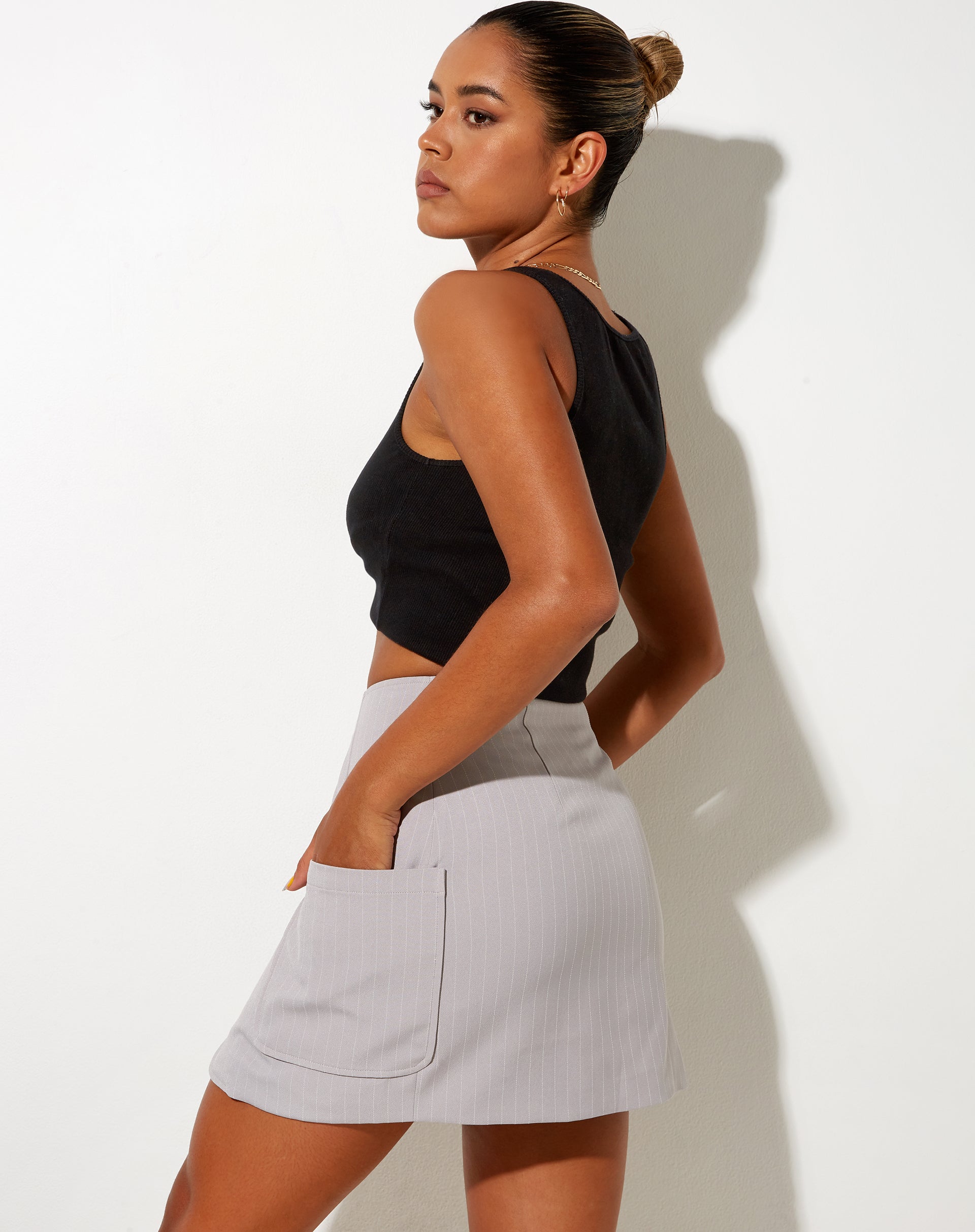 Morica Mini Skirt in Pinstripe Silver Grey-Nico Sky