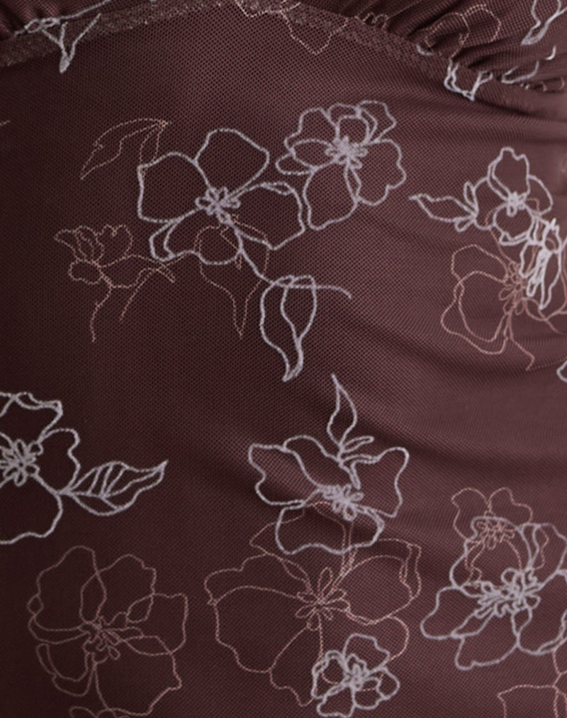 Motarika Mini Dress in Doodle Flower Flock Brown-Nico Sky