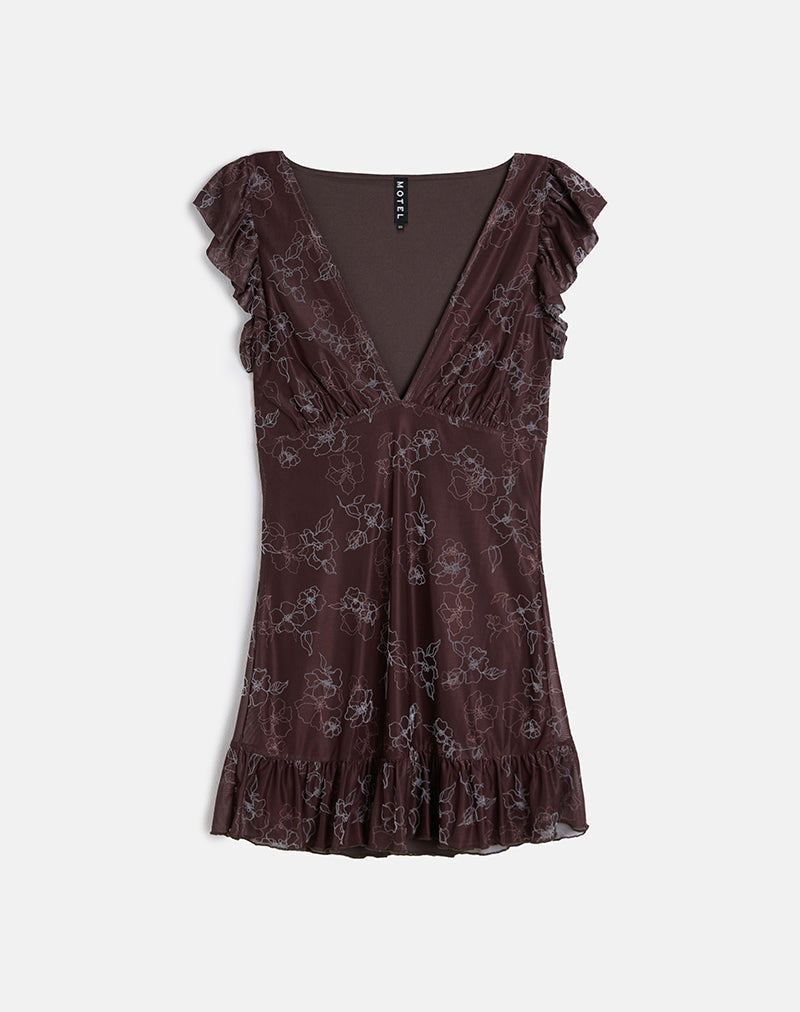 Motarika Mini Dress in Doodle Flower Flock Brown-Nico Sky