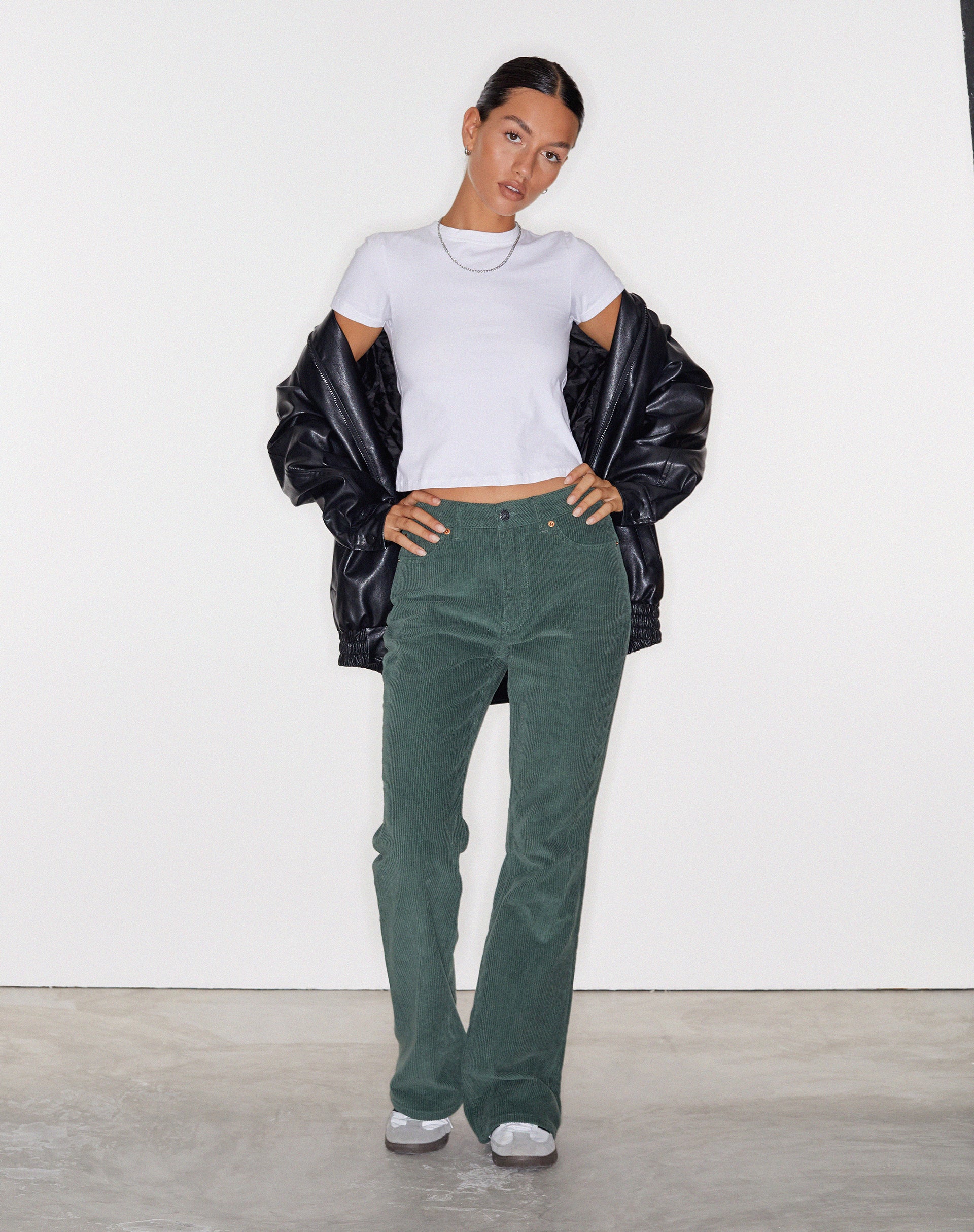MOTEL X OLIVIA NEILL Bootleg Jeans in Cord Green-Nico Sky