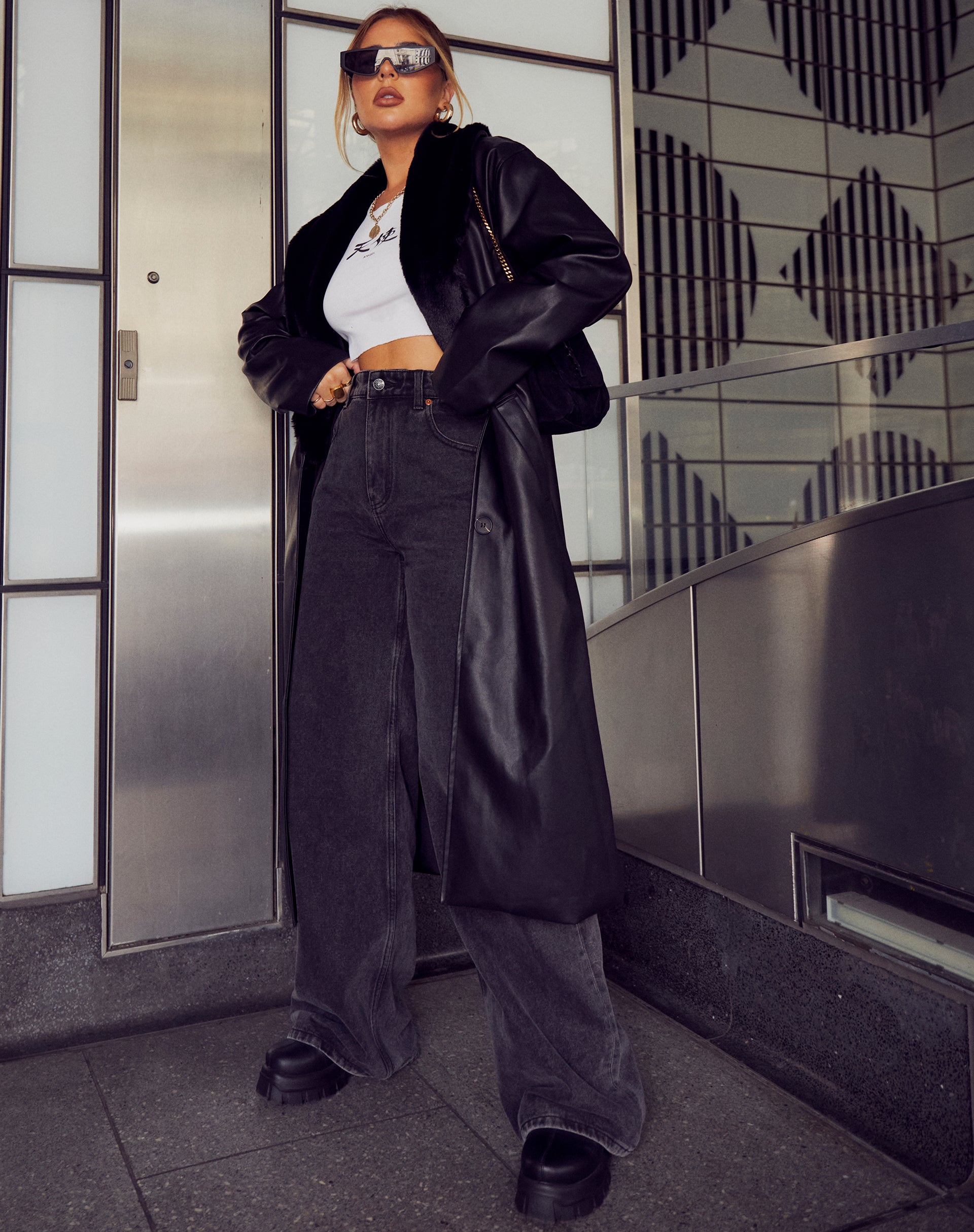 Weaver Longline Coat in Pu Black-Nico Sky