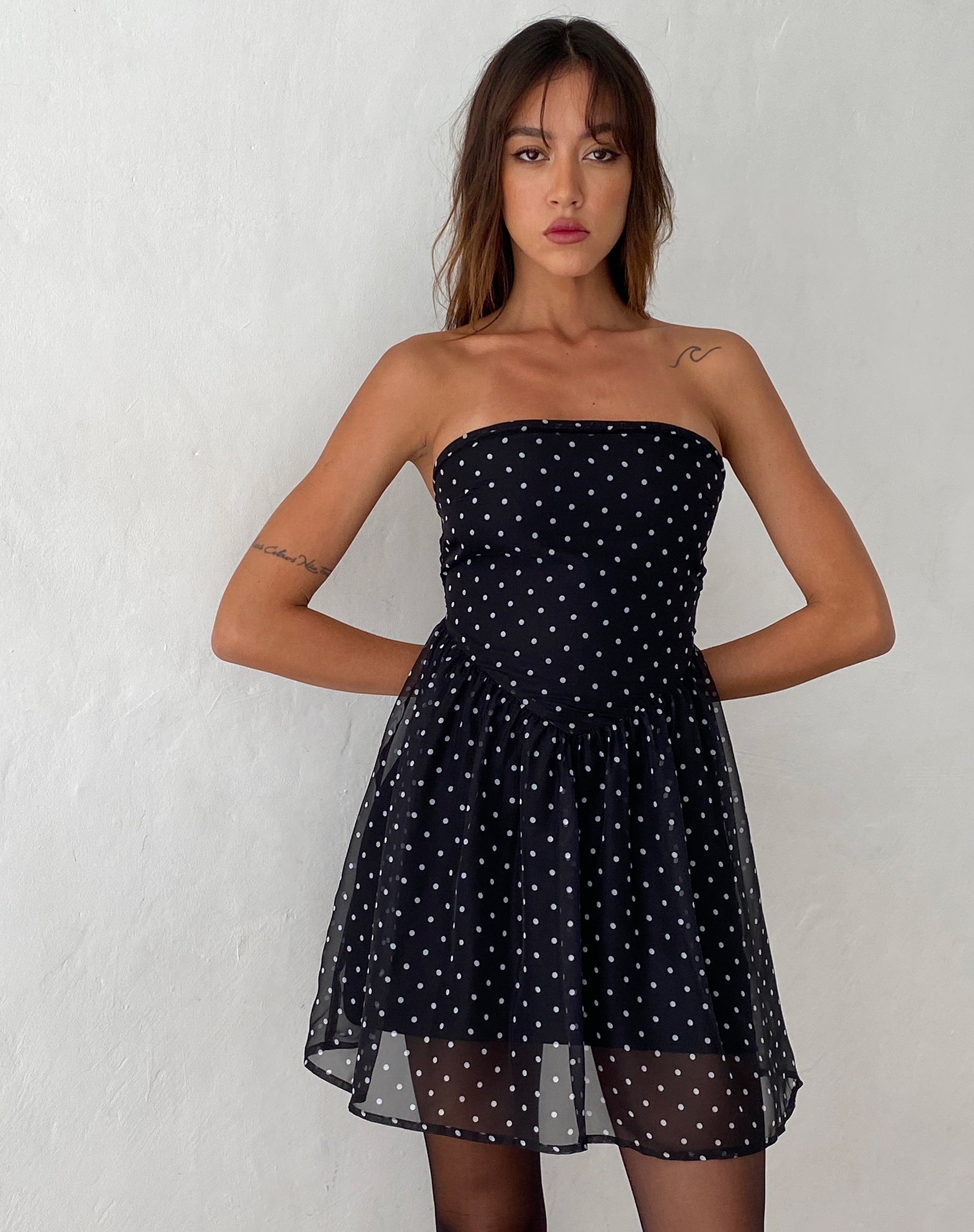 Murni Bandeau Mini Dress in Polka Black Chiffon-Nico Sky