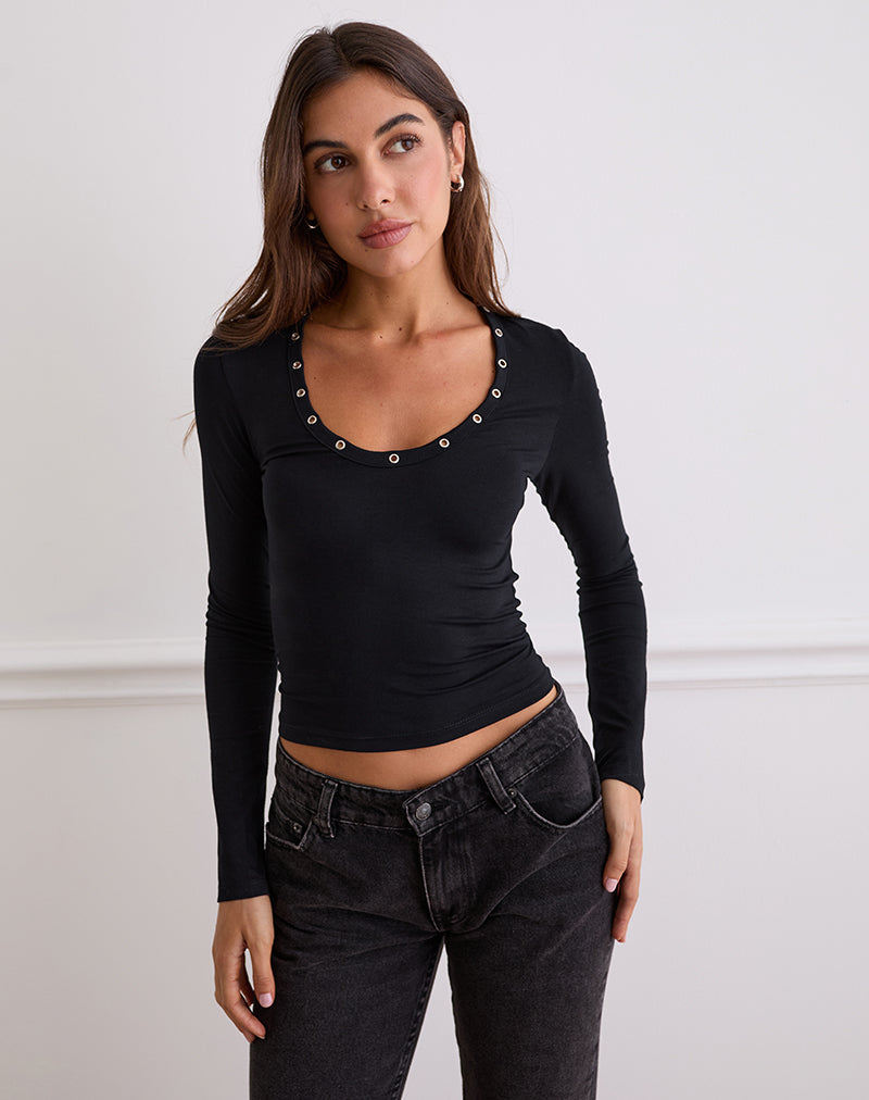 Myoga Studded Scoop Long Sleeve Top in Black-Nico Sky