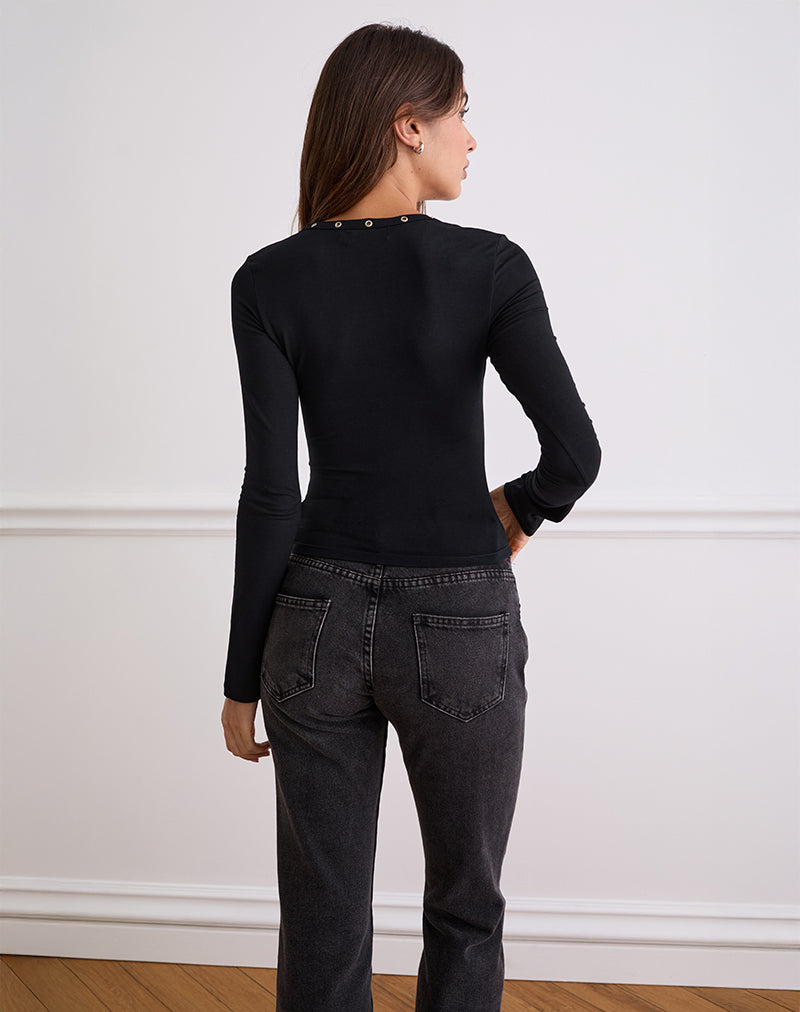 Myoga Studded Scoop Long Sleeve Top in Black-Nico Sky