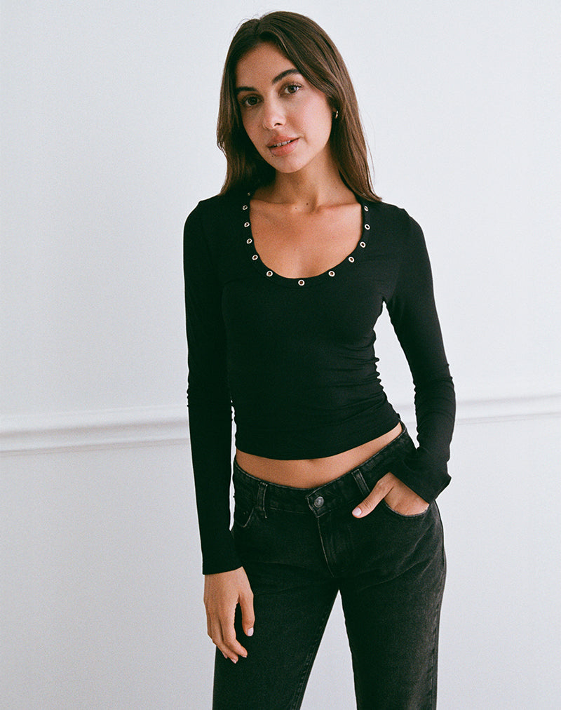 Myoga Studded Scoop Long Sleeve Top in Black-Nico Sky