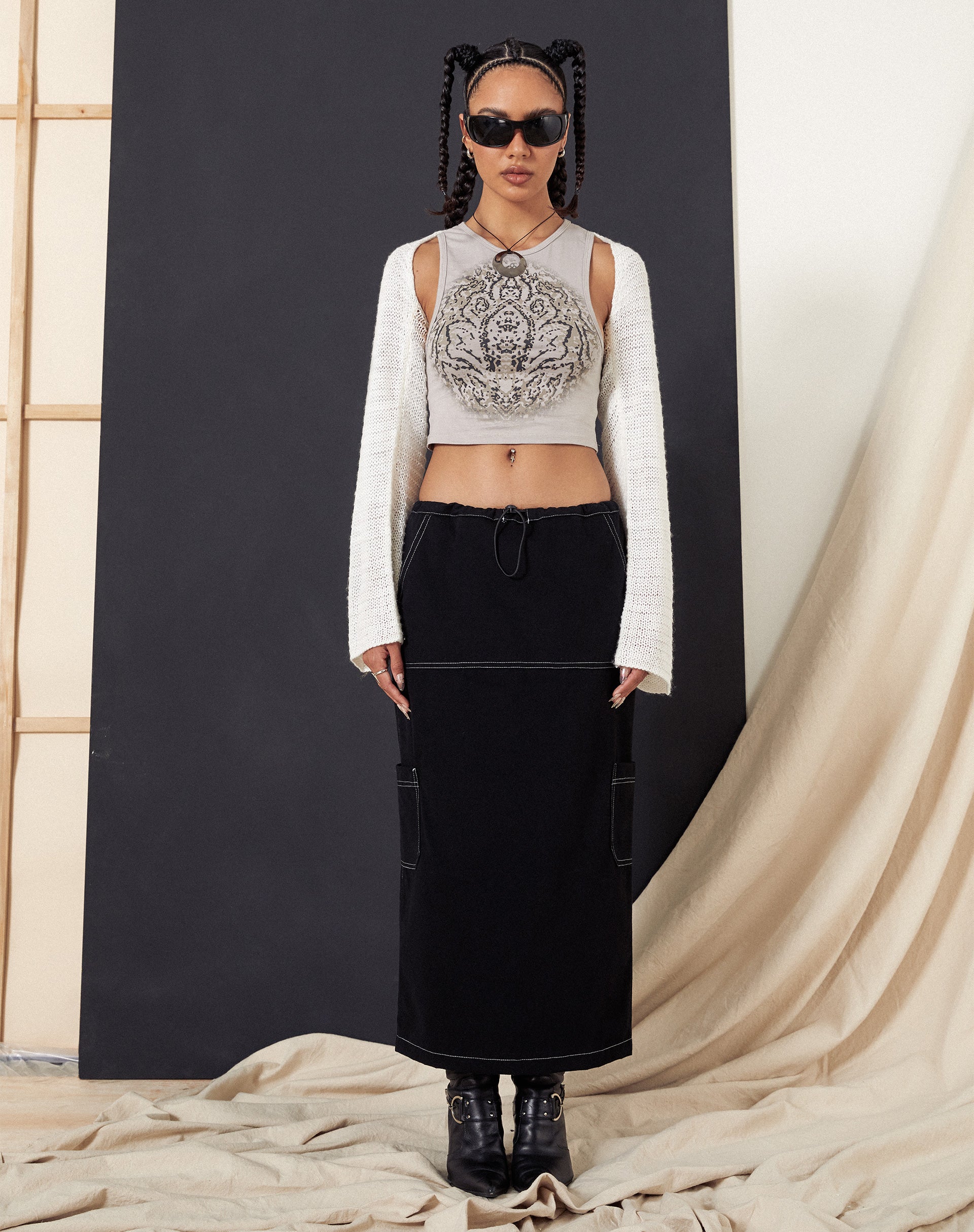 Swari Midi Cargo Skirt in Black-Nico Sky