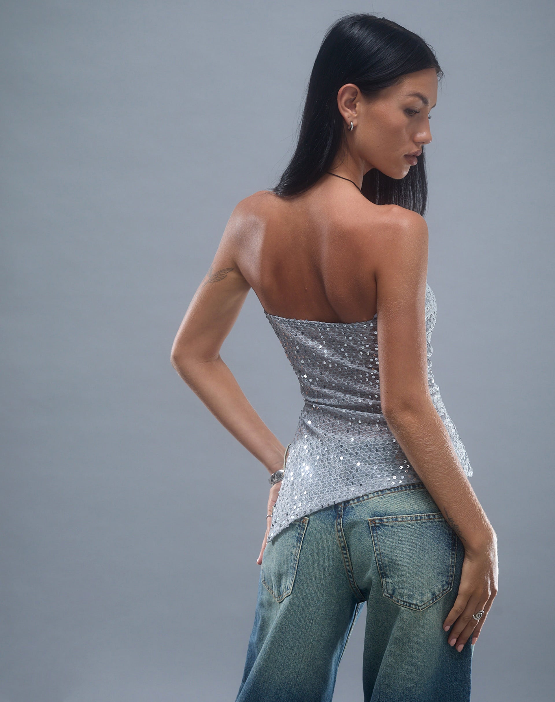 Brilia Bandeau Top in Sequin Knit Silver-Nico Sky