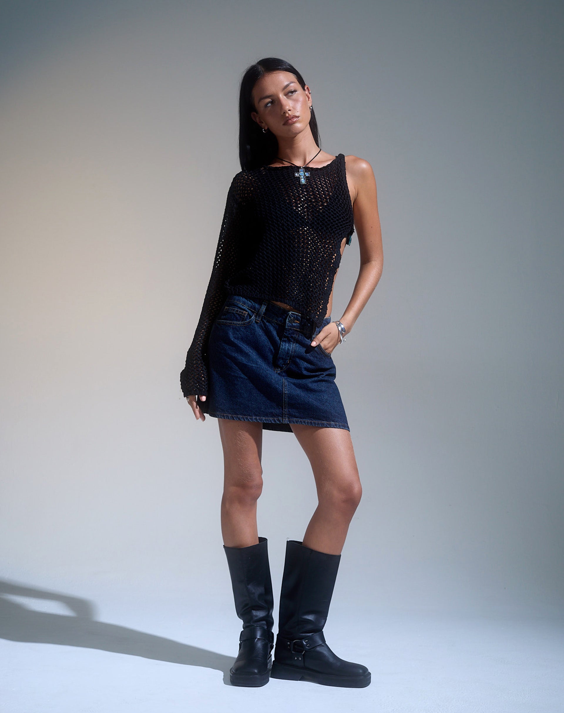 Mini A-Line Skirt in Denim Indigo-Nico Sky