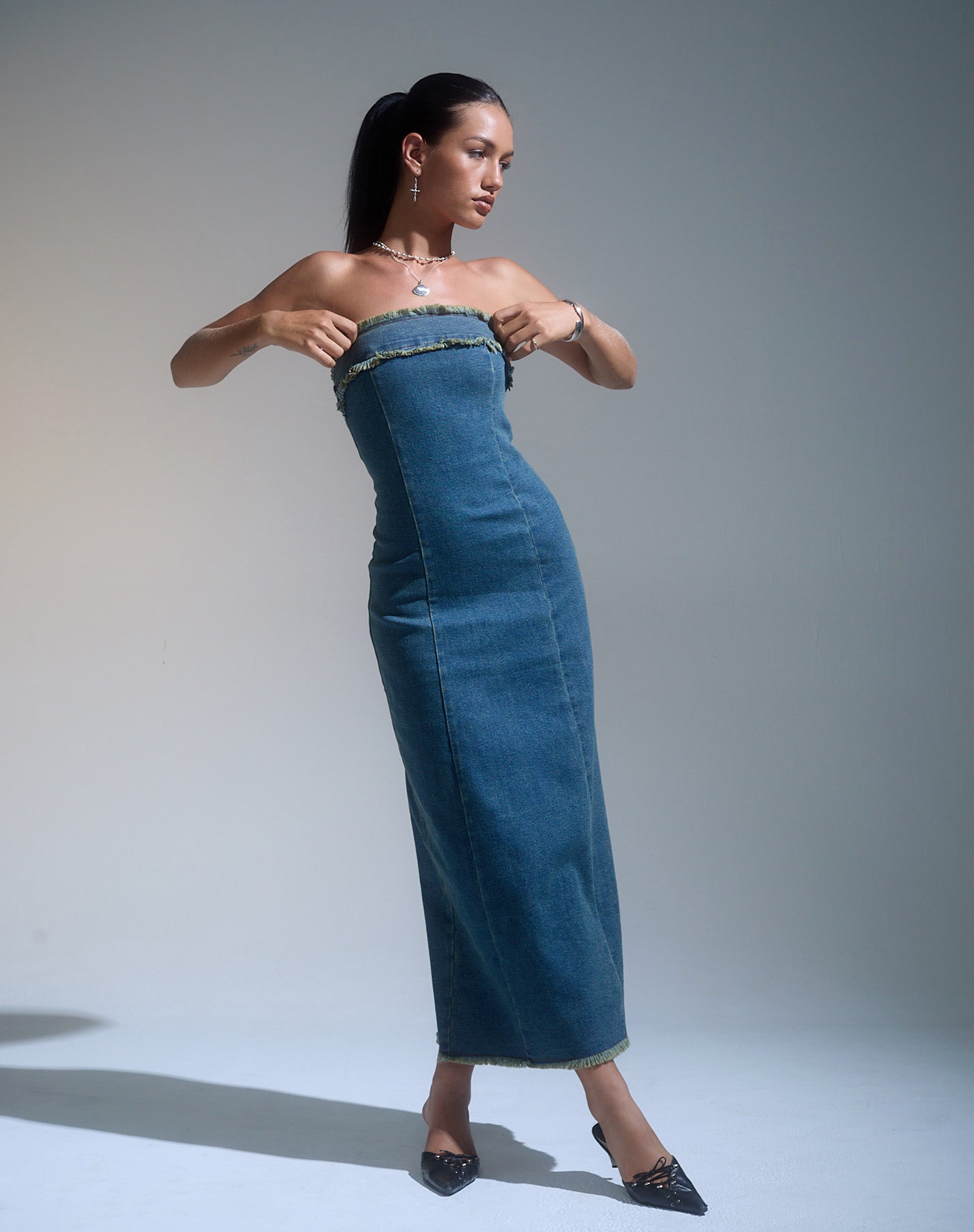 Atun Denim Bandeau Maxi Dress in Brown Blue Acid Wash-Nico Sky