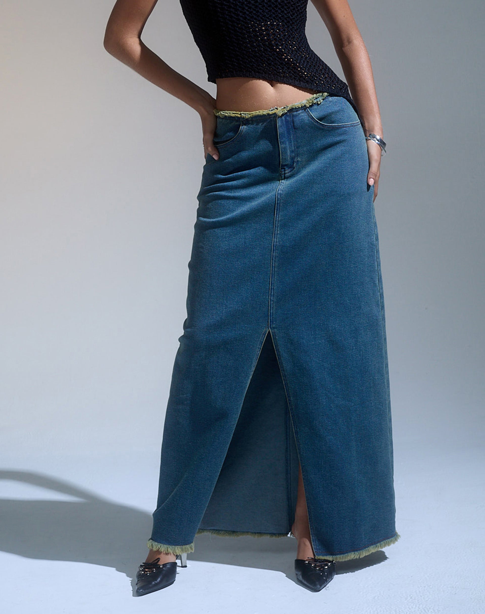 Zaenap Frayed Denim Maxi Skirt in Brown Blue Acid-Nico Sky