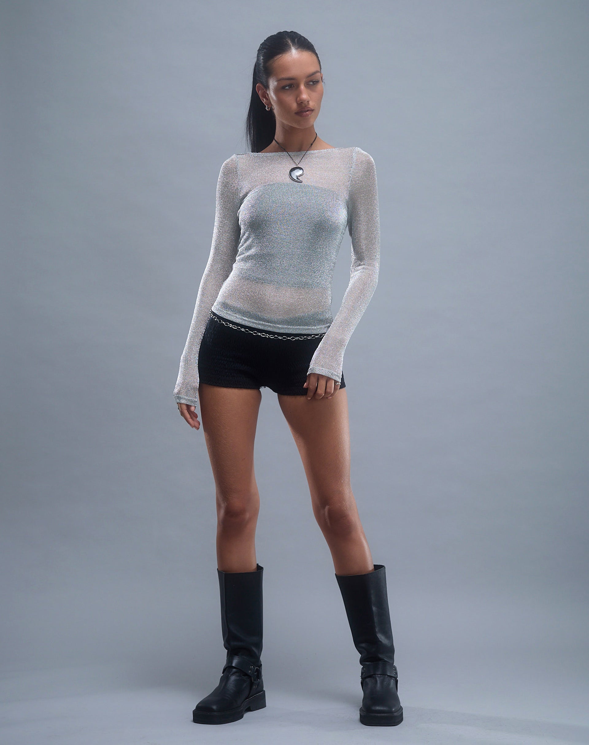 Suzette Long Sleeve Top in Silver Chain-Nico Sky
