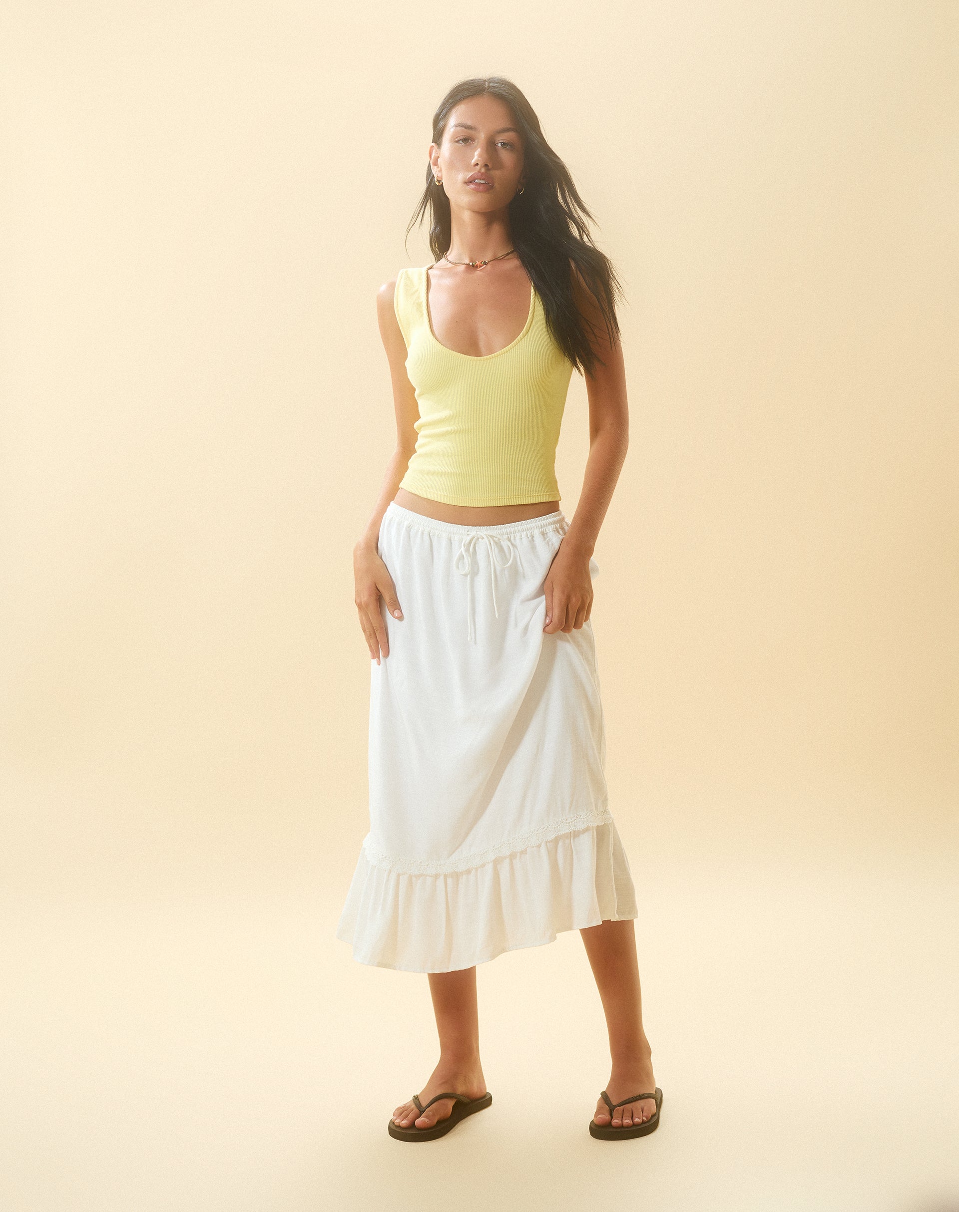 Kokies Frill Hem Midi Skirt in White-Nico Sky