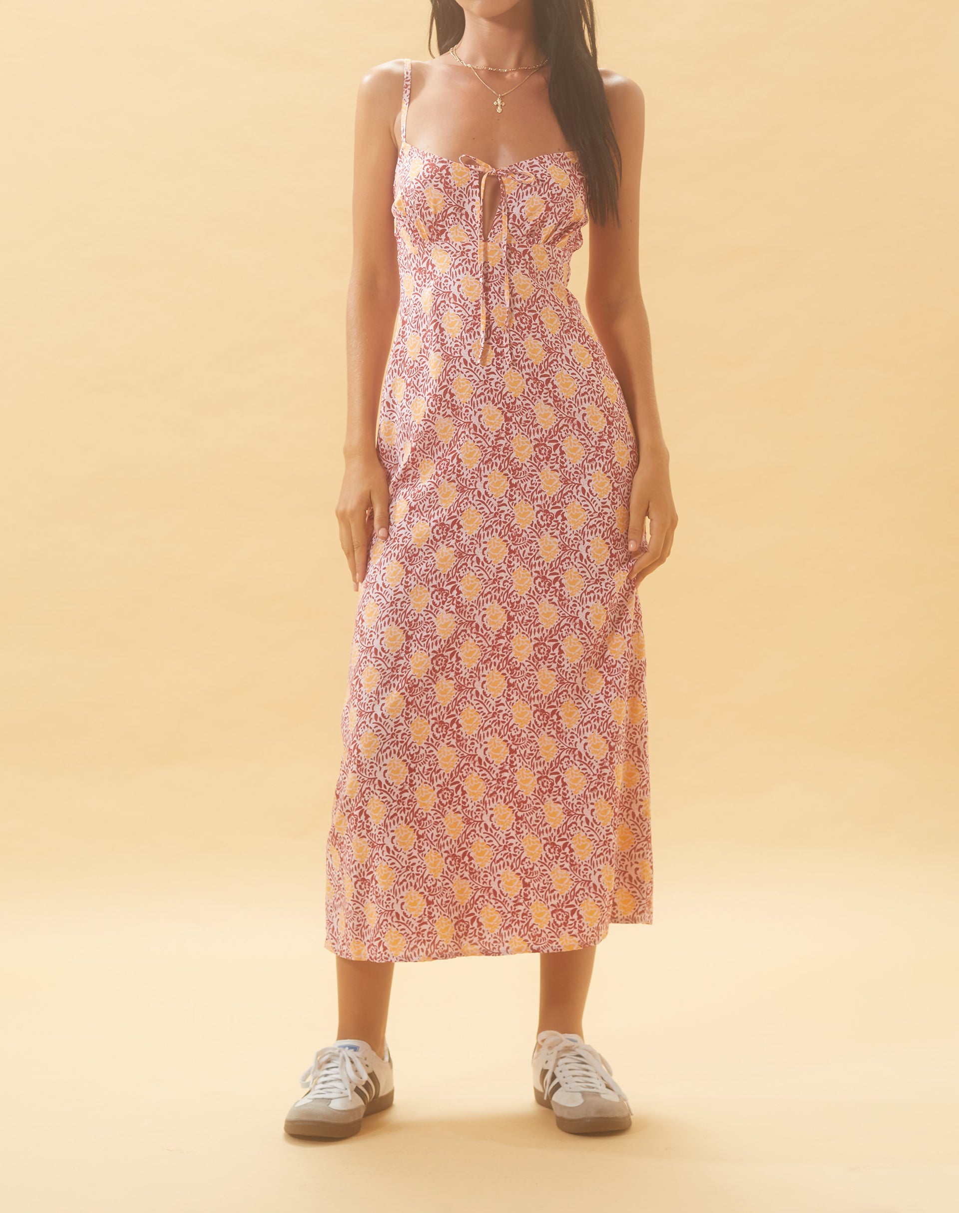 Jelika Midi Dress in Bohemian Batik Maroon Peach-Nico Sky