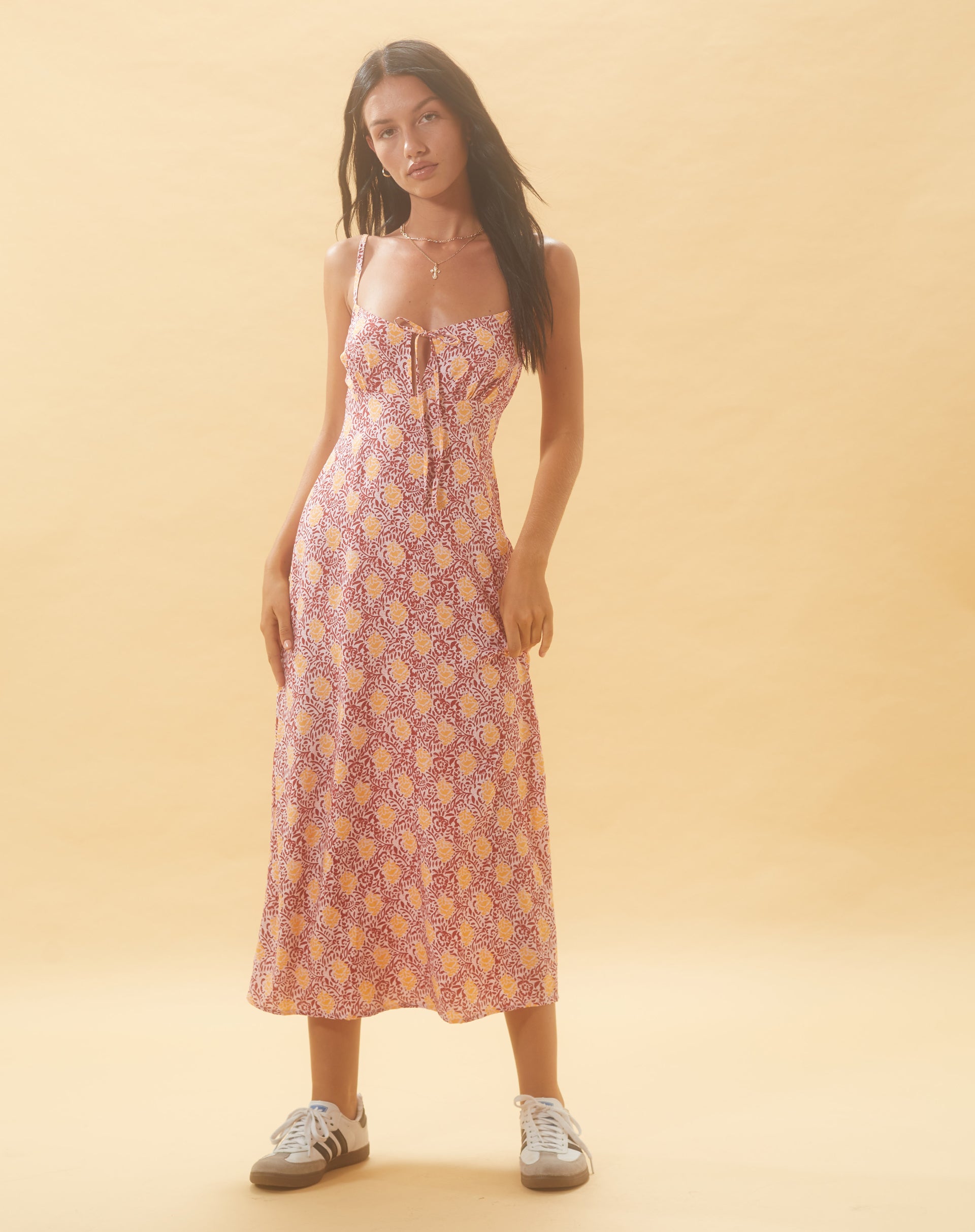 Jelika Midi Dress in Bohemian Batik Maroon Peach-Nico Sky