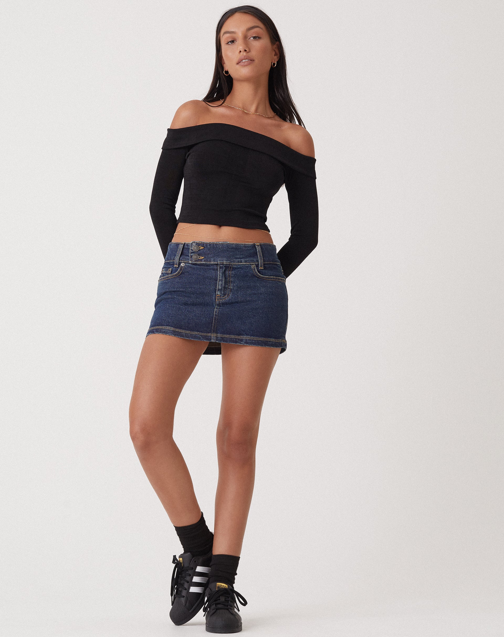 MOTEL X OLIVIA NEILL Low Rise Denim Micro Skirt in Dark Vintage Wash-Nico Sky