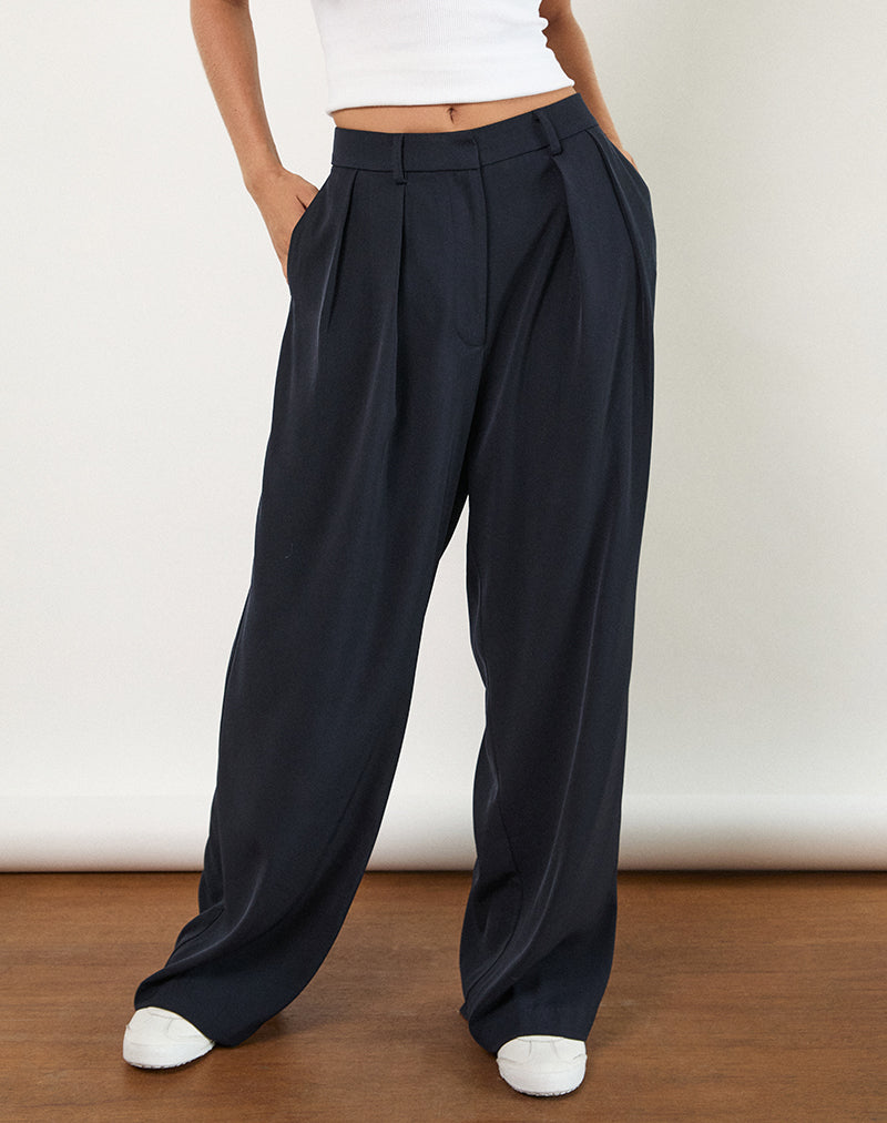 Nala Wide Leg Pleated Trouser in Tailoring Navy-Nico Sky