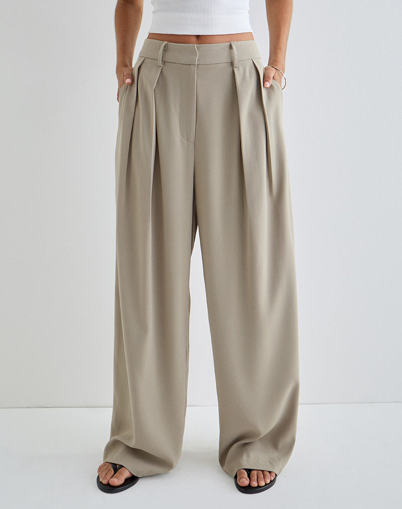 Nala Wide Pleat Trouser in Taupe Tailoring-Nico Sky