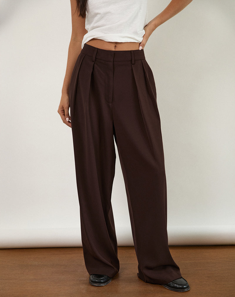 Nala Wide Pleat Trousers in Bitter Chocolate-Nico Sky