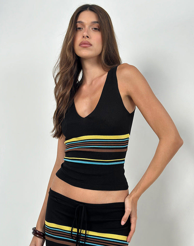 Natcha Vest Top in Black with Brown and Blue Stripes-Nico Sky