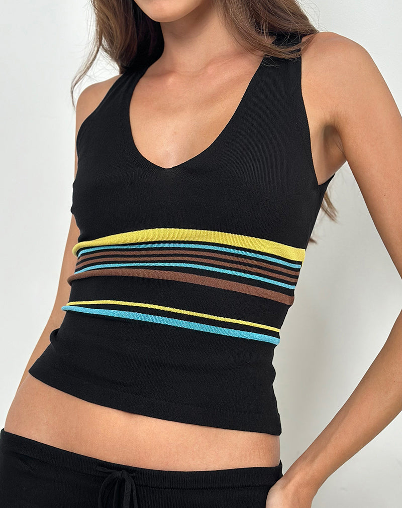 Natcha Vest Top in Black with Brown and Blue Stripes-Nico Sky
