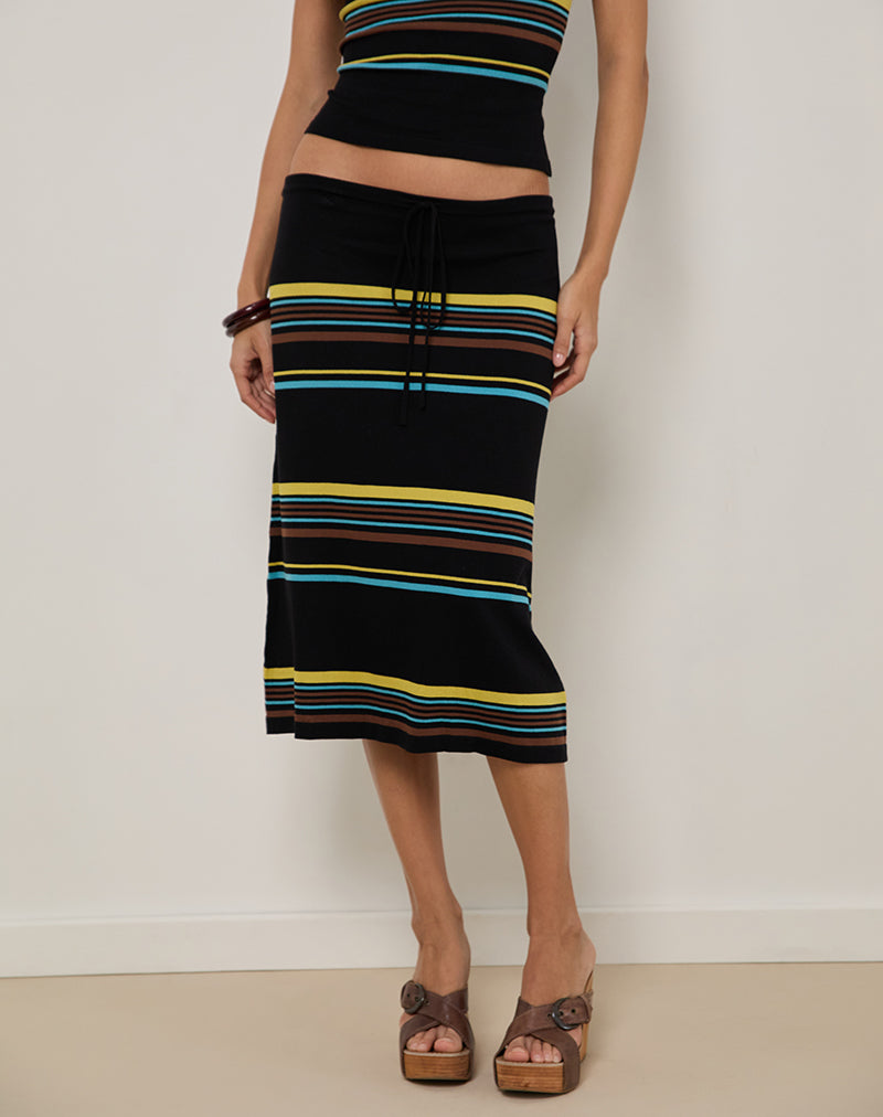 Amalia Midi Skirt in Black with Brown and Blue Stripes-Nico Sky