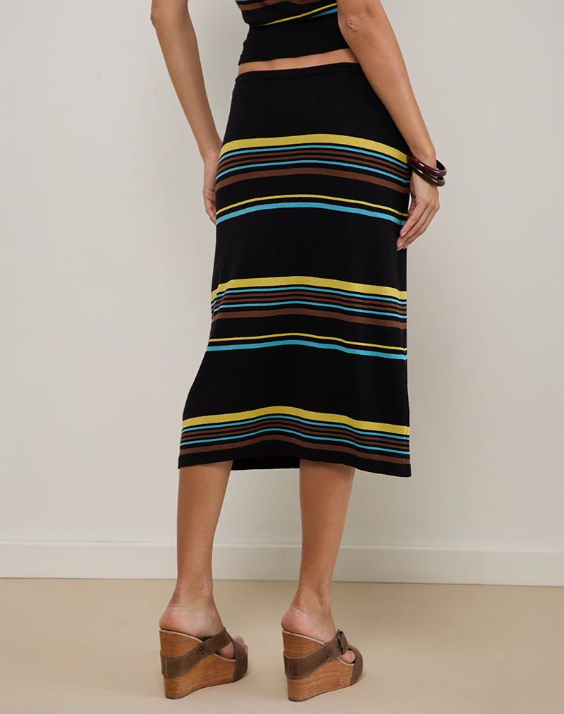 Amalia Midi Skirt in Black with Brown and Blue Stripes-Nico Sky