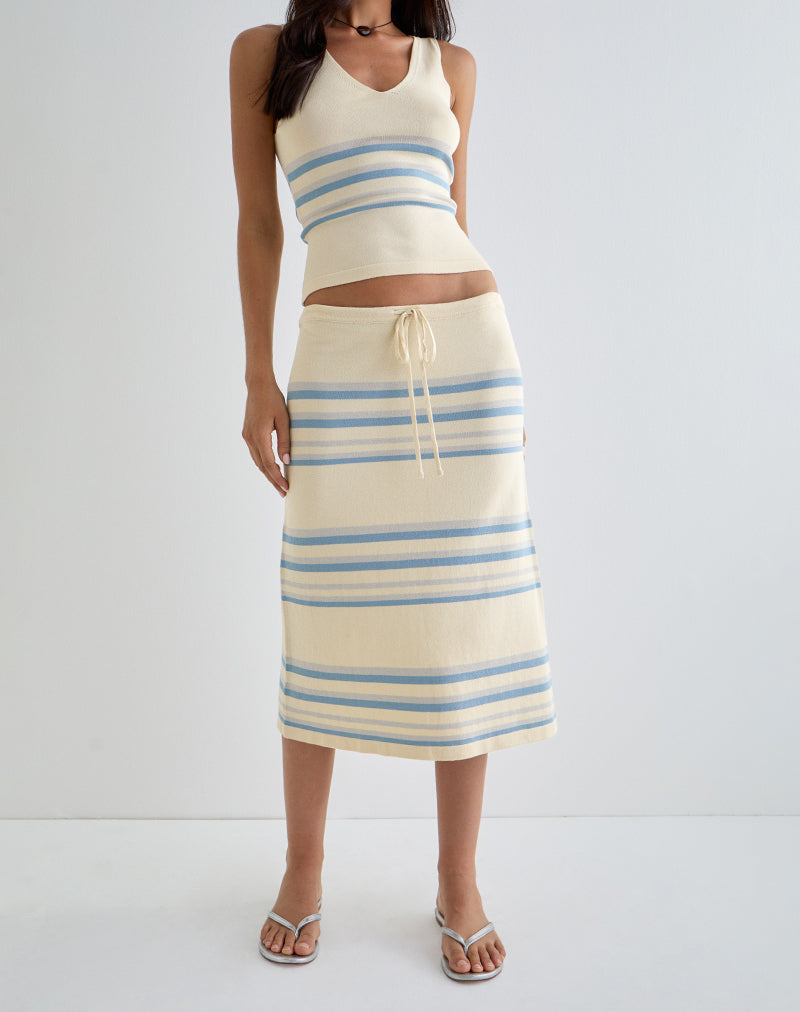 Amalia Midi Skirt in Cream with Blue and Grey Stripes-Nico Sky