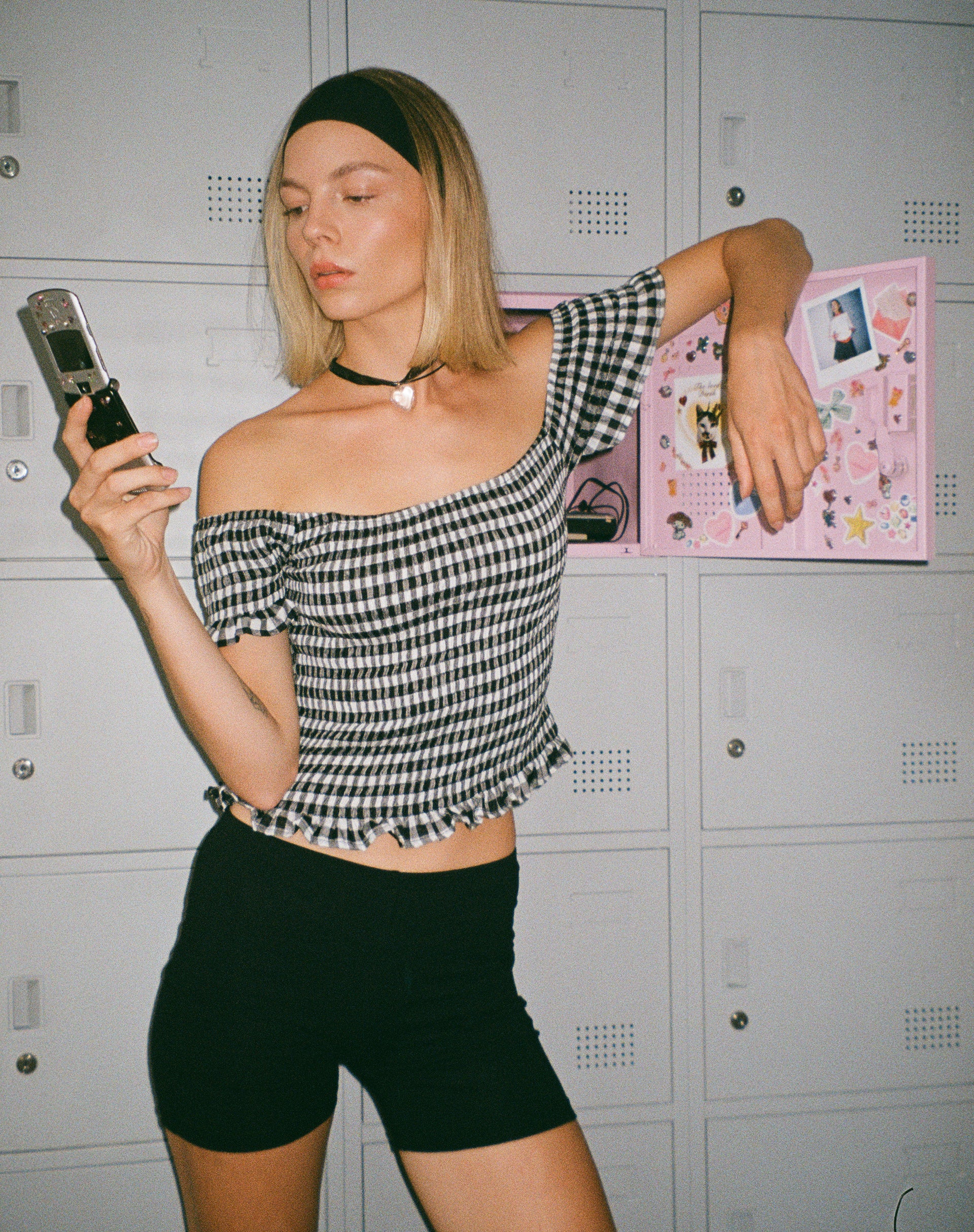 Neema Shirred Bardot Top in Mini Gingham Black and White-Nico Sky