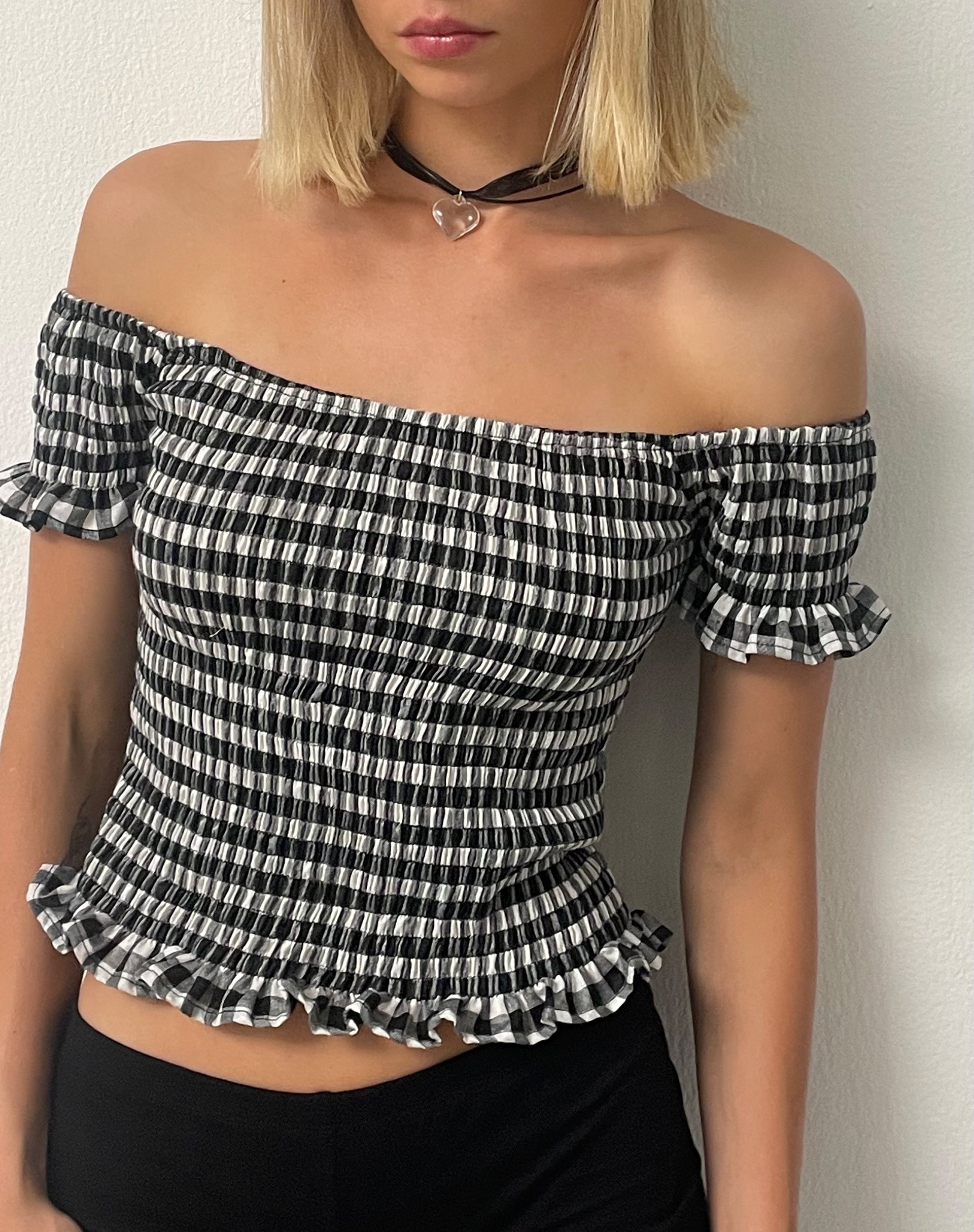 Neema Shirred Bardot Top in Mini Gingham Black and White-Nico Sky
