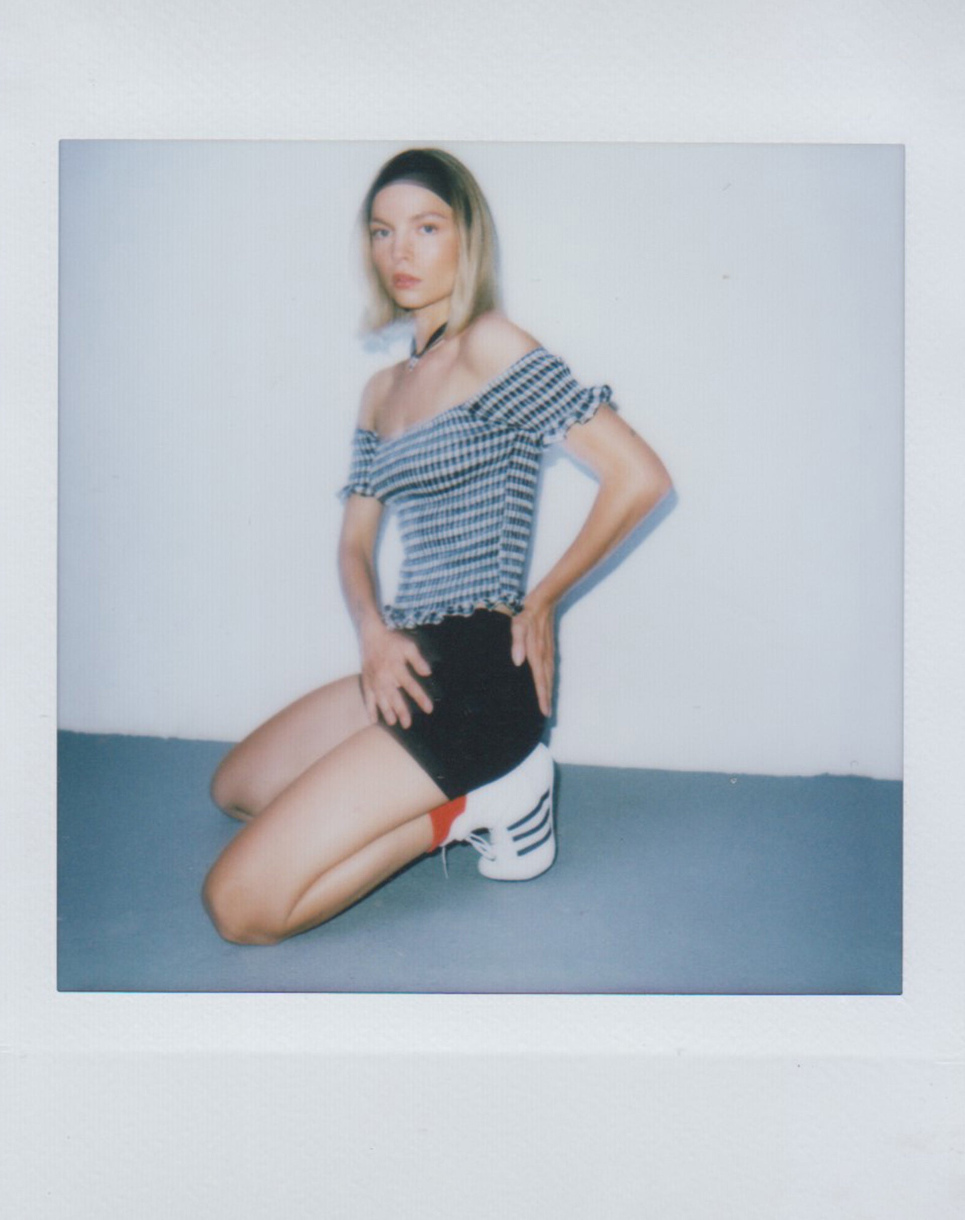 Neema Shirred Bardot Top in Mini Gingham Black and White-Nico Sky