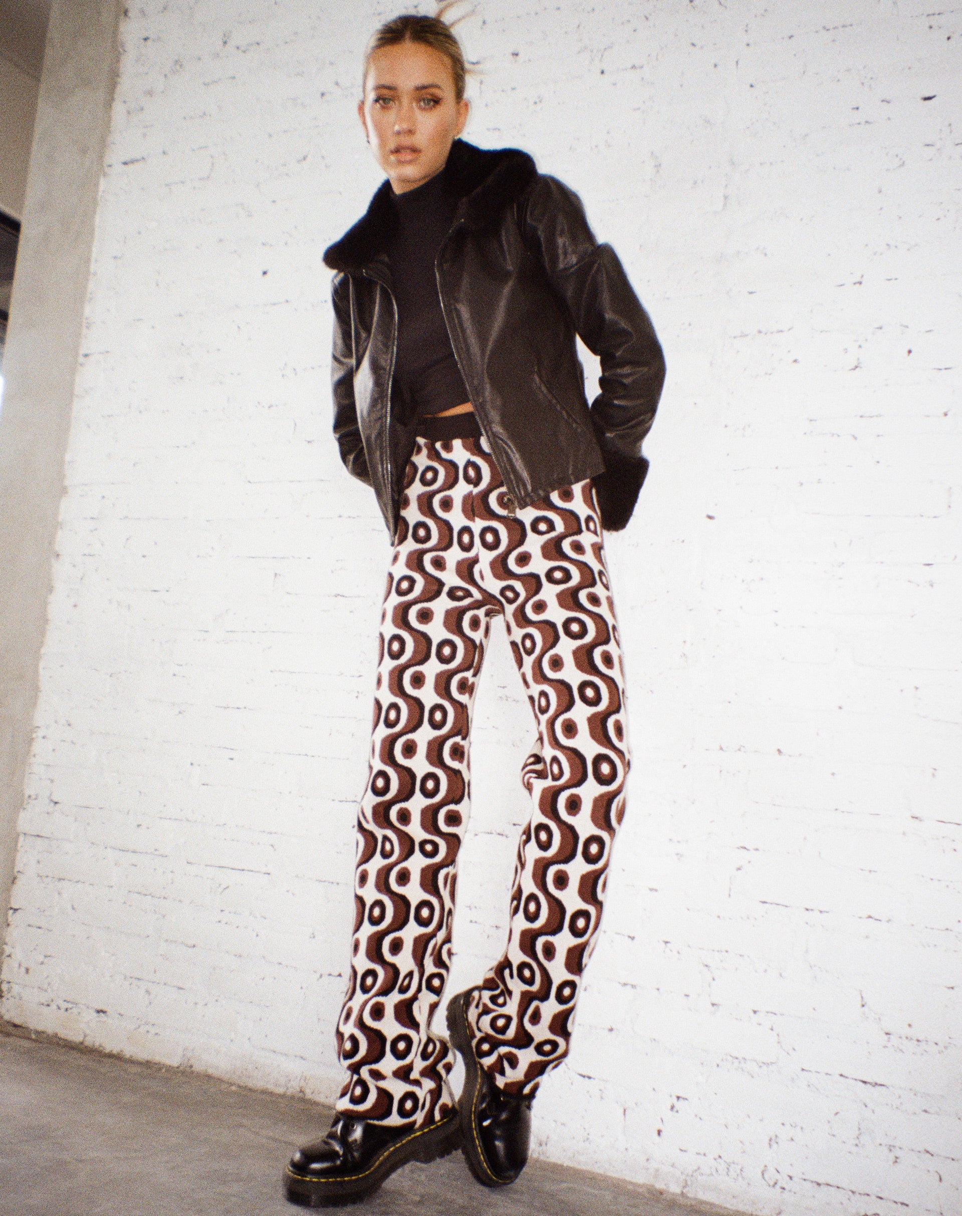 Sheba Wide Leg Trouser in Wavy Geo Ivory Brown and Black-Nico Sky