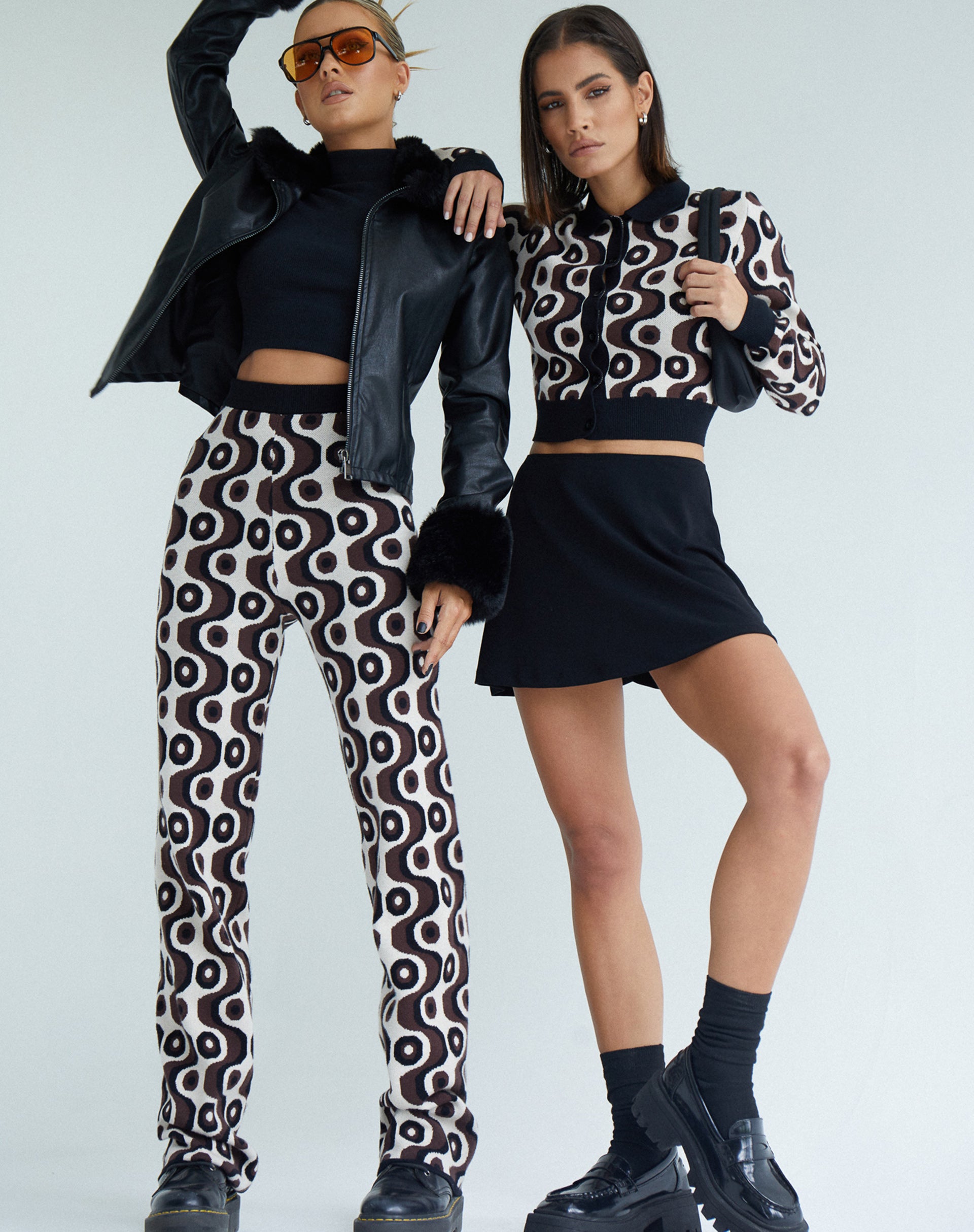 Sheba Wide Leg Trouser in Wavy Geo Ivory Brown and Black-Nico Sky