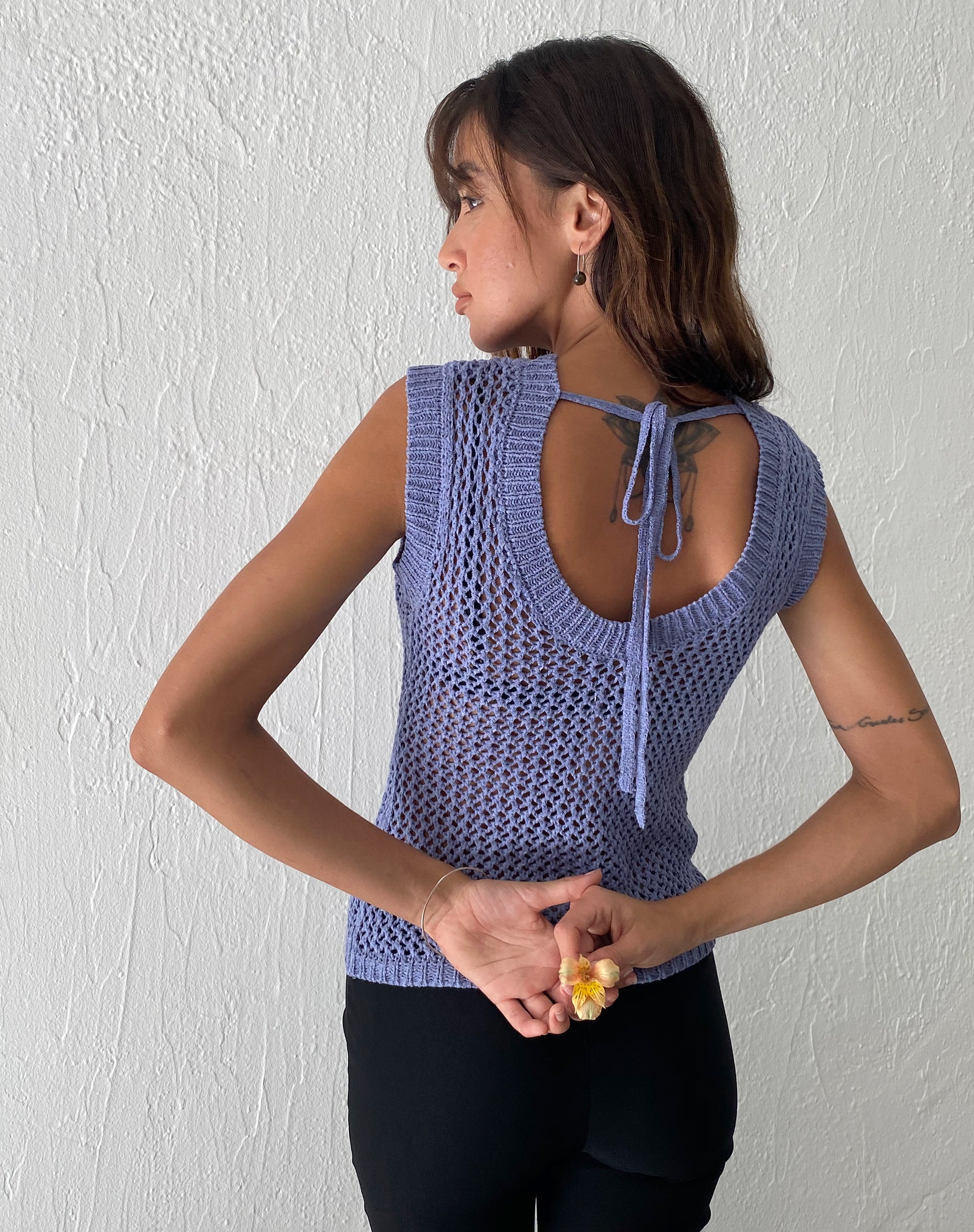Nibura Open Back Vest Top in Blue Knit-Nico Sky