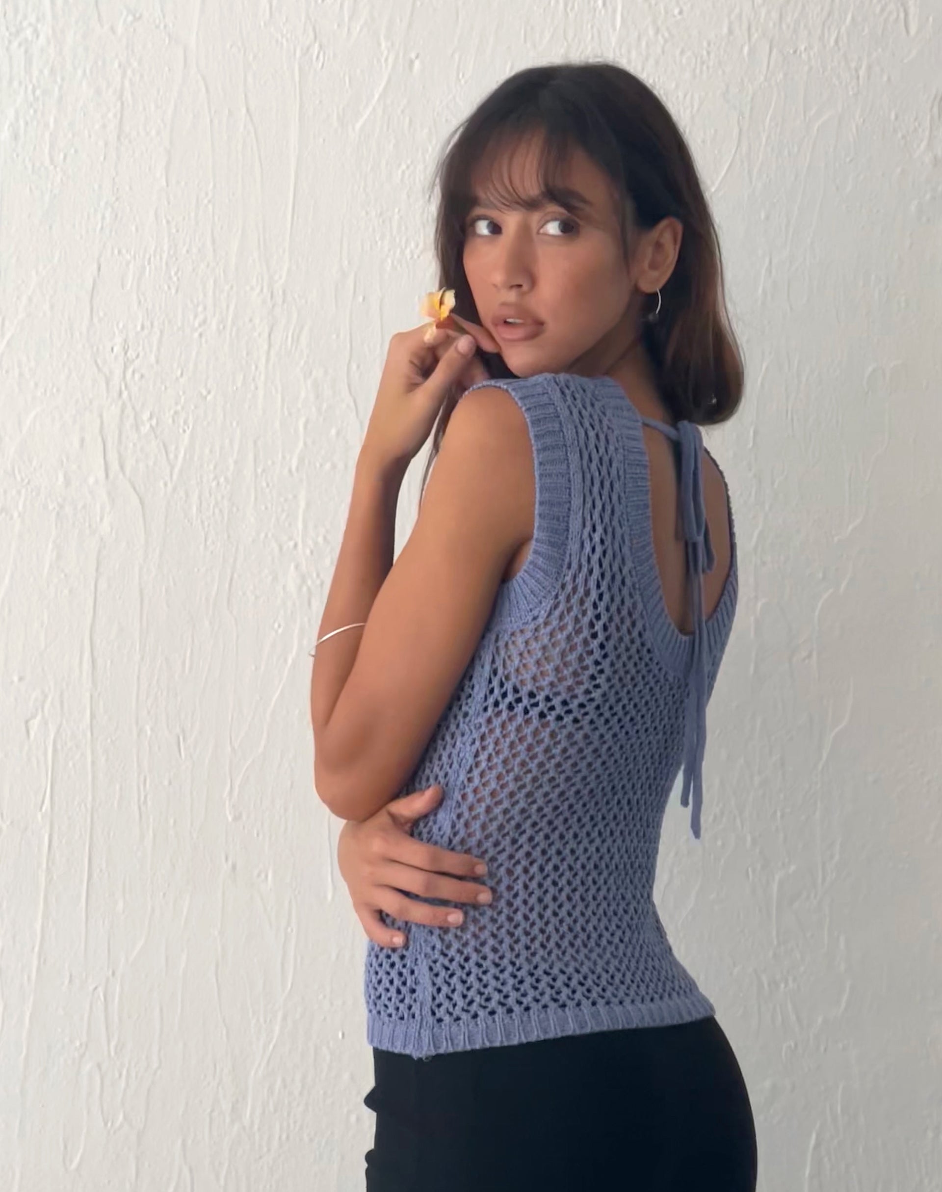 Nibura Open Back Vest Top in Blue Knit-Nico Sky