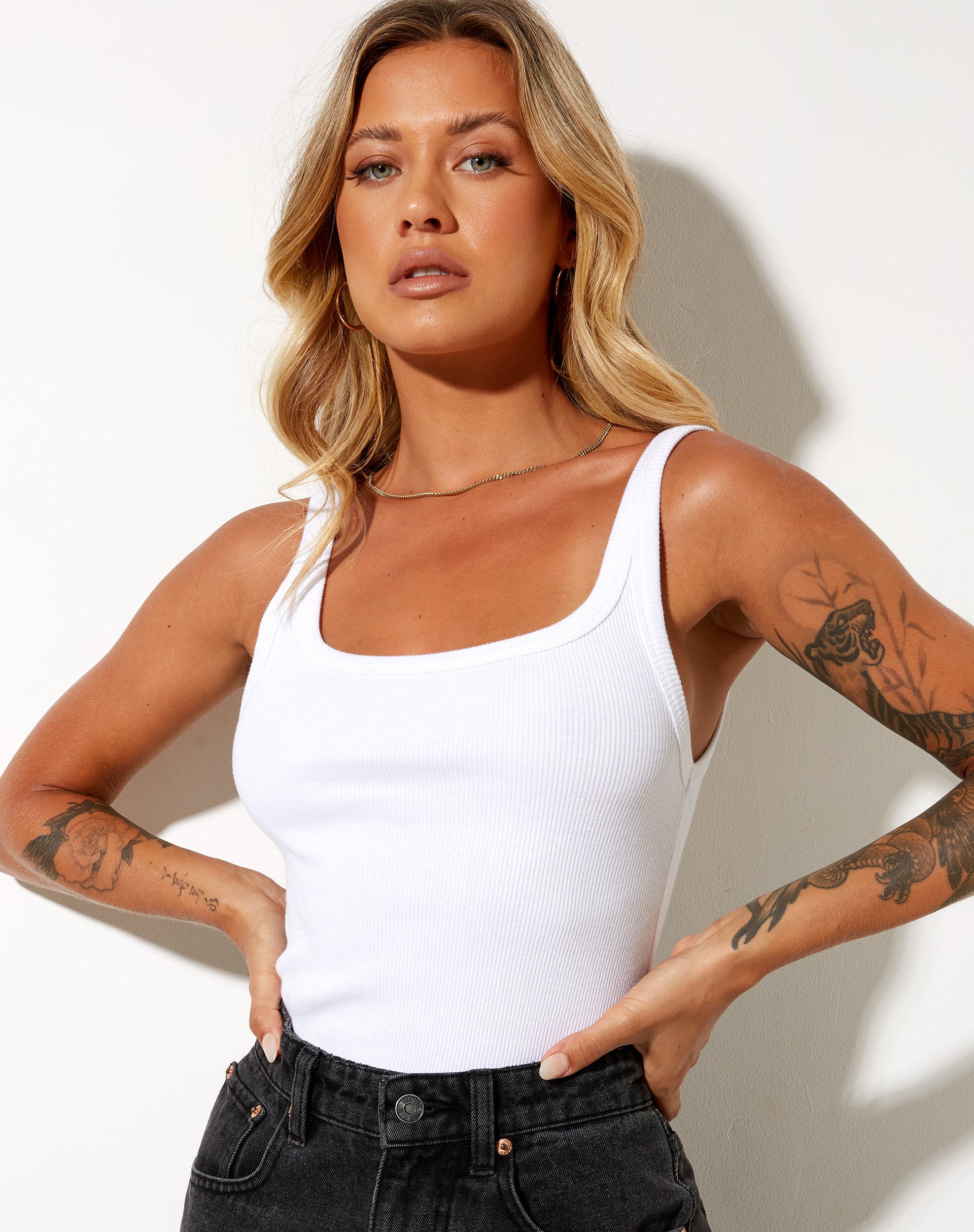 Nilam Vest Top in Rib White-Nico Sky